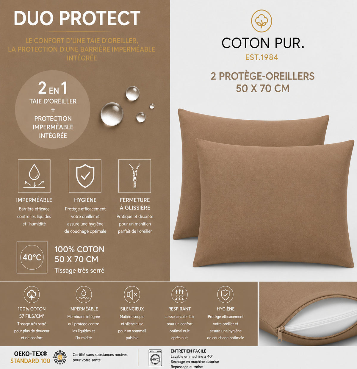 Lot de 2 Taies d'oreiller "Duo Protect" imperméable 100% Coton 57 fils/cm² 50 x 70 cm Taupe