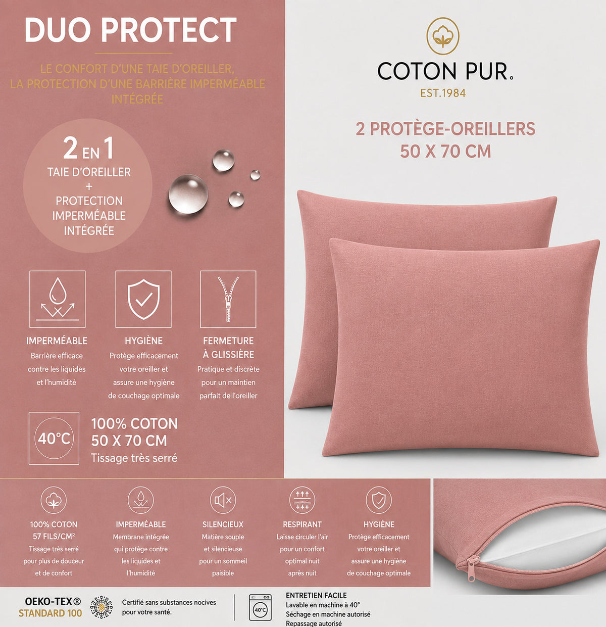 Lot de 2 Taies d'oreiller "Duo Protect" imperméable 100% Coton 57 fils/cm² 50 x 70 cm Vieux Rose