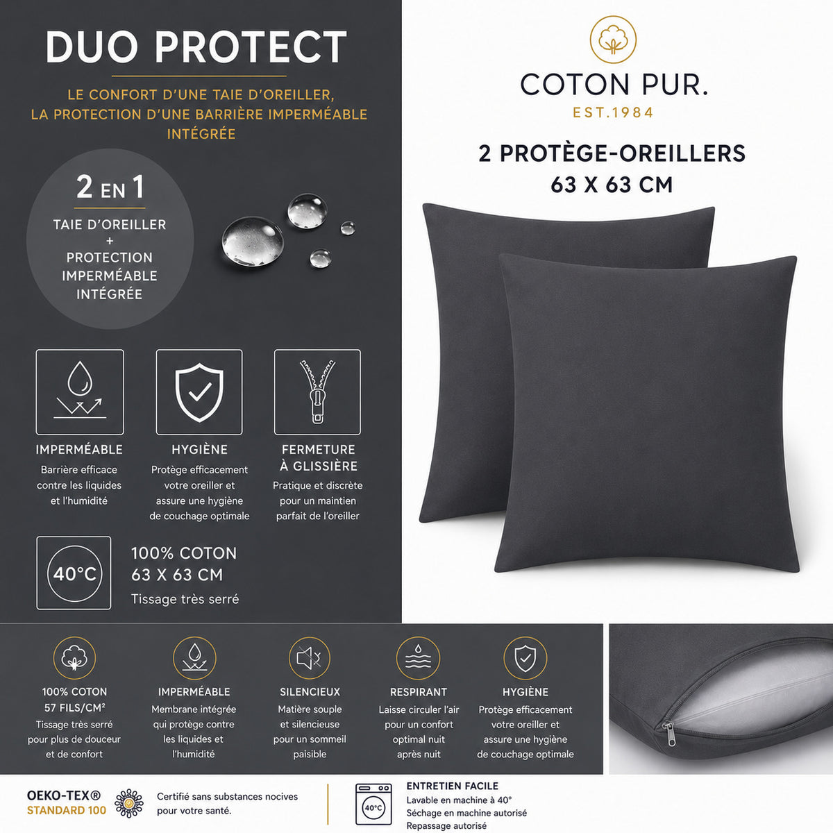 Lot de 2 Taies d'oreiller "Duo Protect" imperméable 100% Coton 57 fils/cm² 63 x 63 cm Ardoise