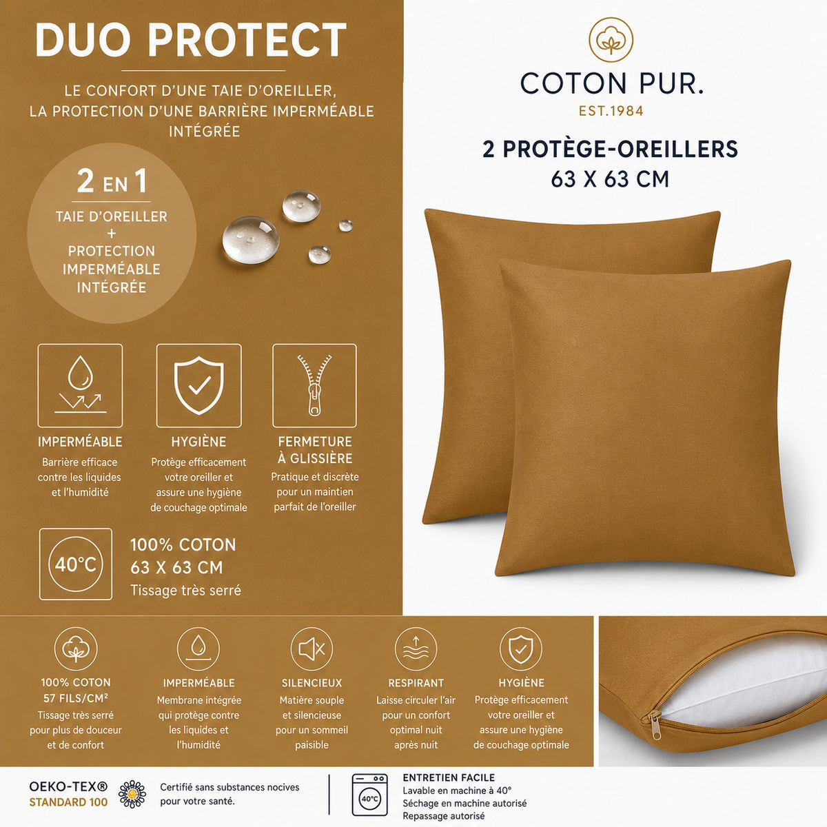 Lot de 2 Taies d'oreiller "Duo Protect" imperméable 100% Coton 57 fils/cm² 63 x 63 cm Caramel