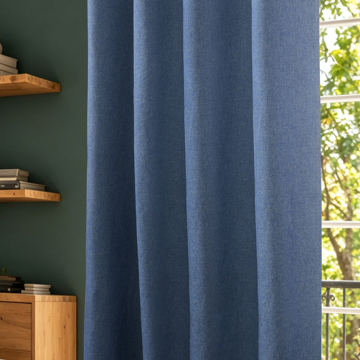 Rideau 100% occultant + 8 œillets 140 x 240 cm Polyester chambray "Cocooning" Bleu Jean BLEUJEAN