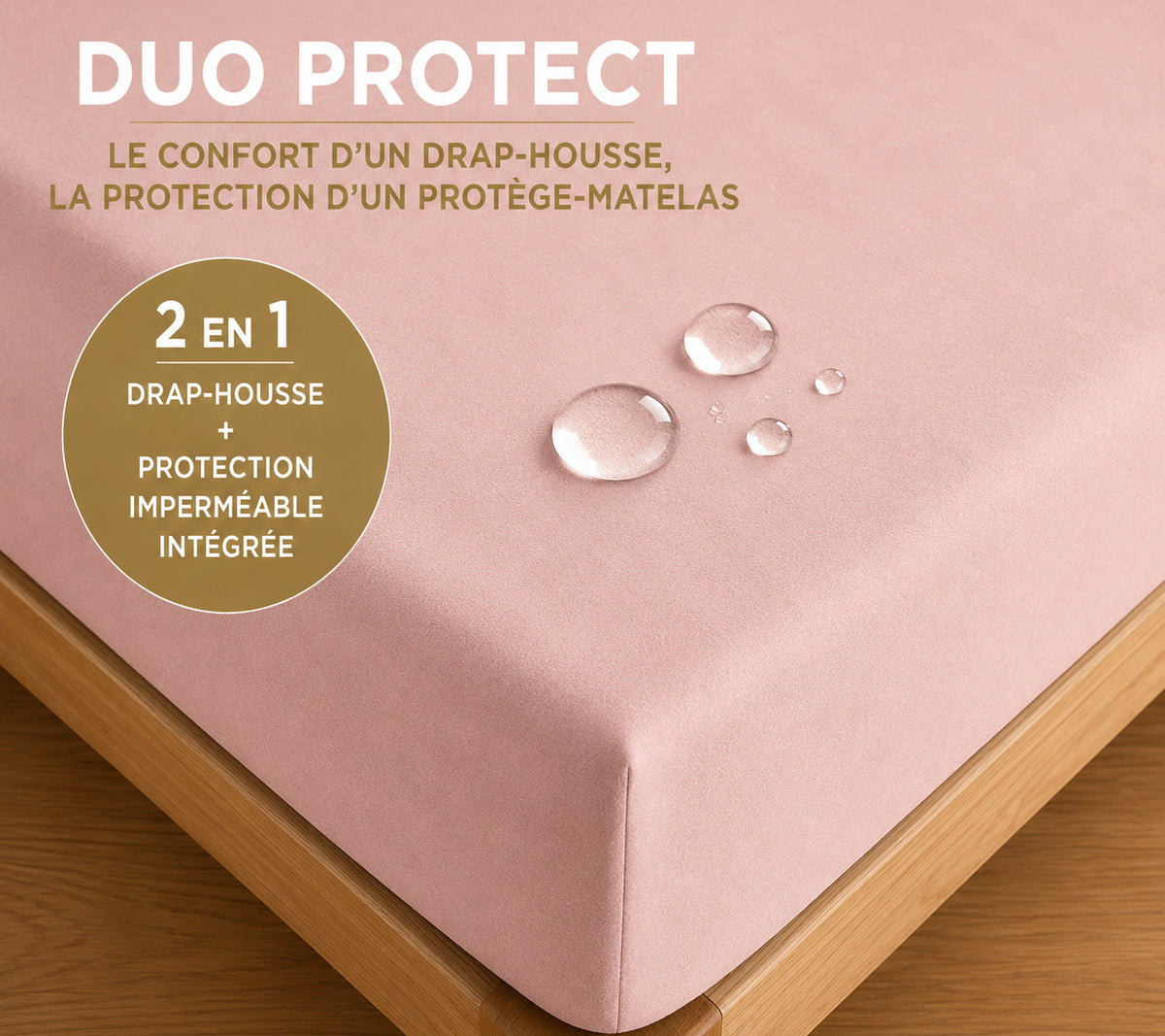 Drap housse "Duo Protect" imperméable 100% Coton 57 fils/cm² 160 x 200 cm Rose Dragée