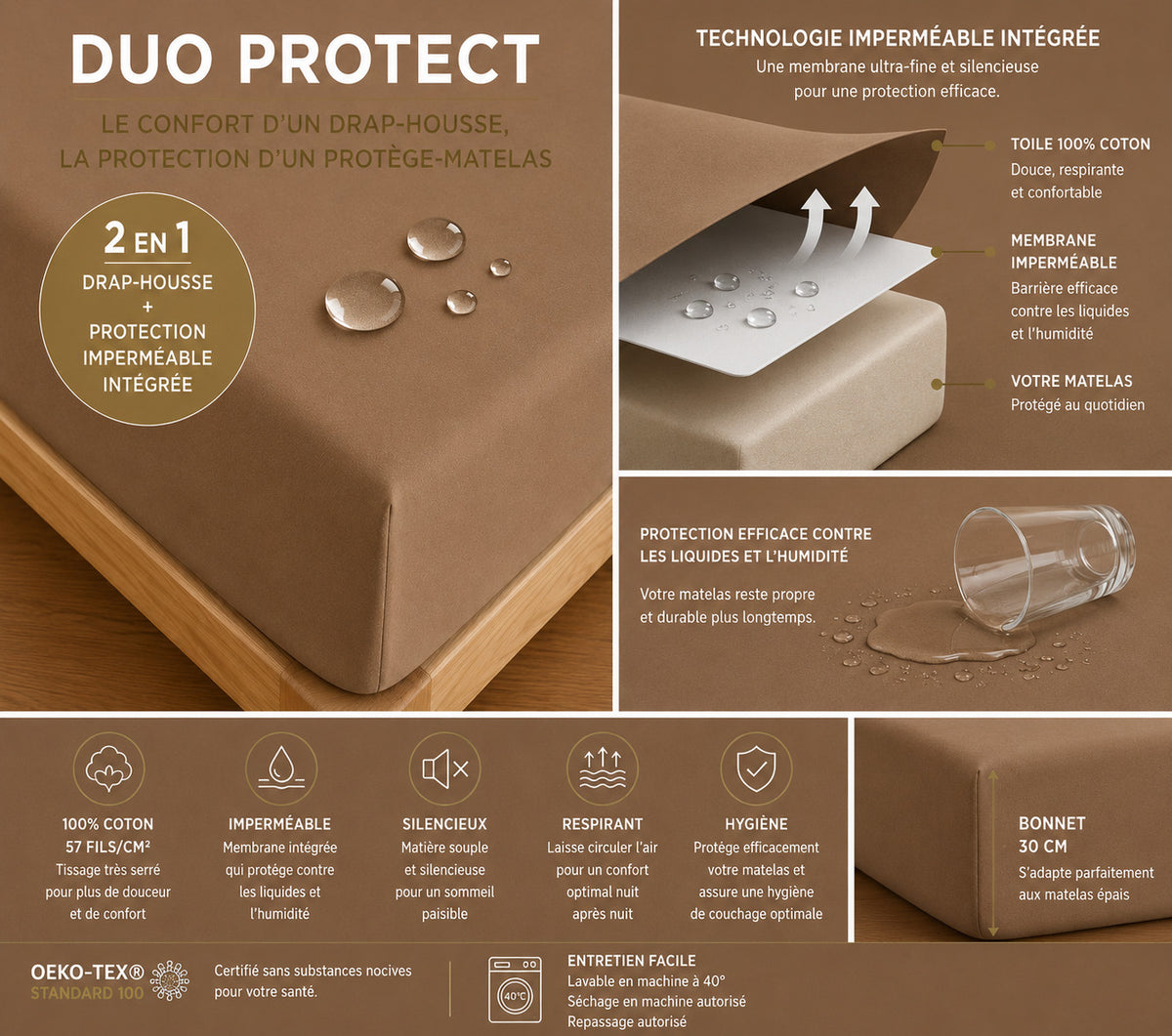 Drap housse "Duo Protect" imperméable 100% Coton 57 fils/cm² 160 x 200 cm Taupe