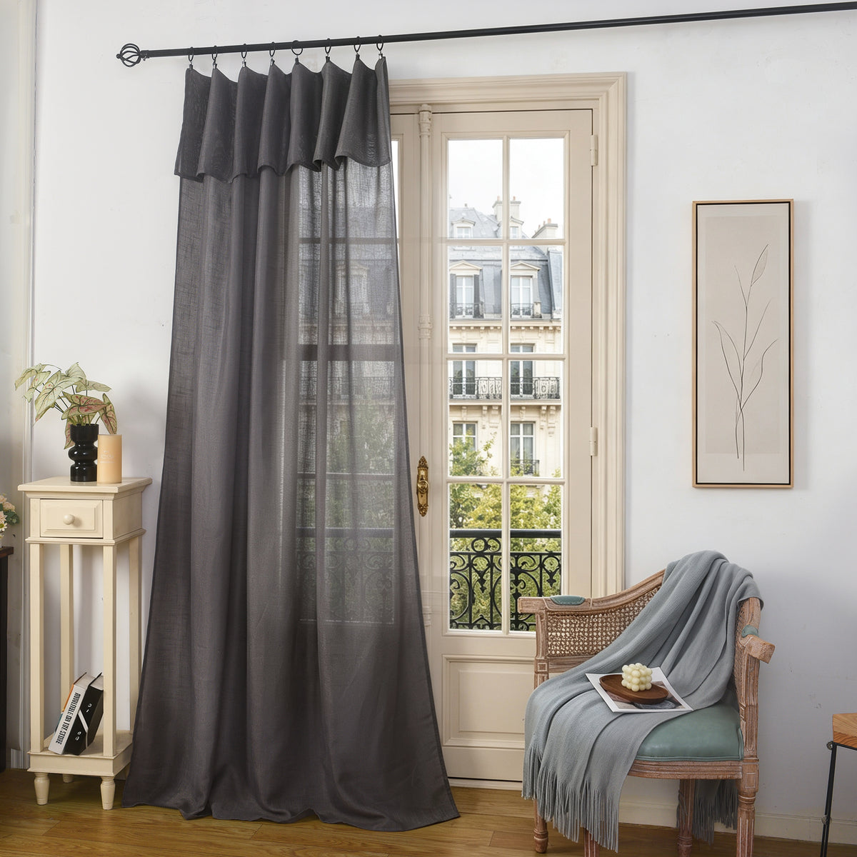 Rideau ajustable + 8 anneaux pince 140 x 270 cm Polyester effet lin" Evasion" Granite