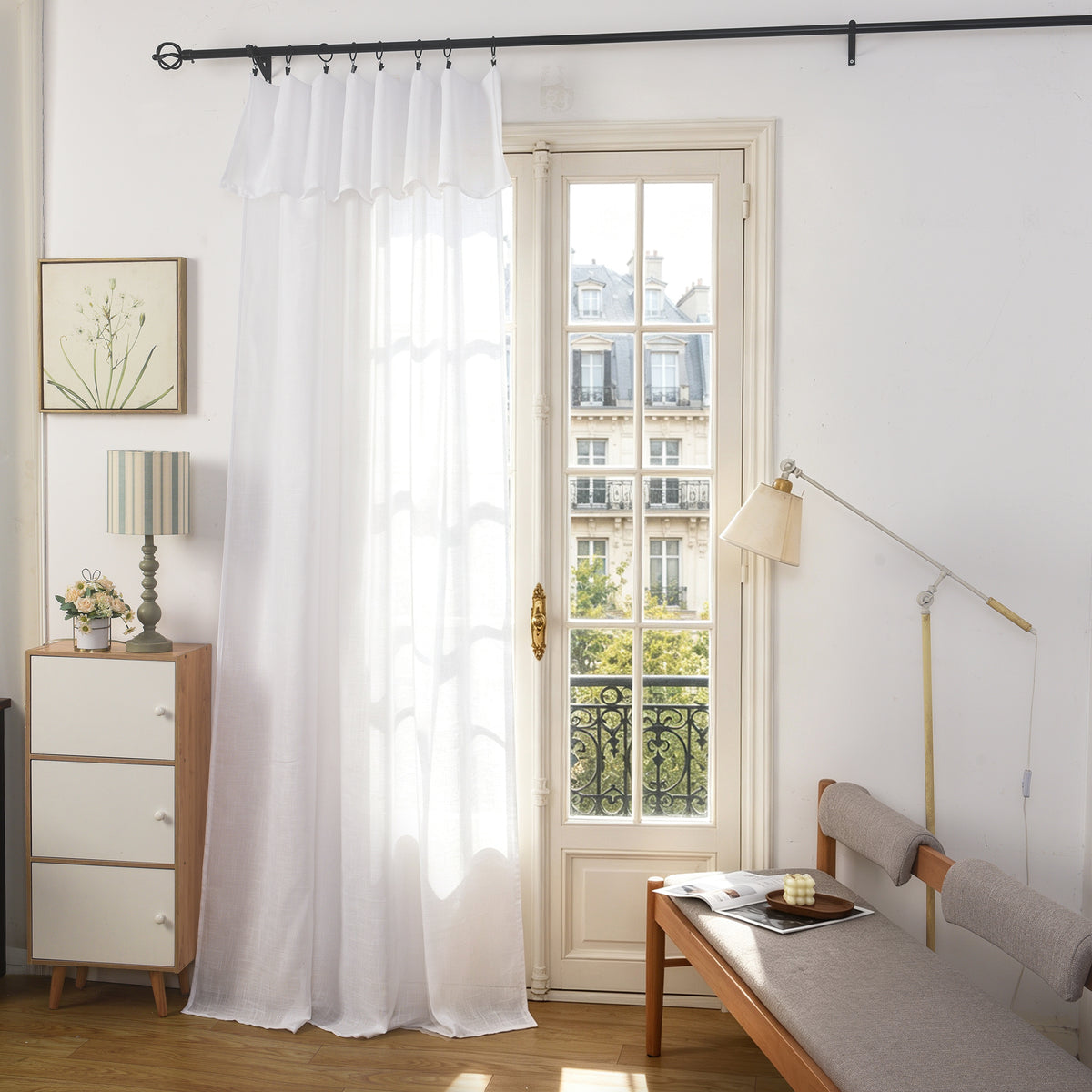 Rideau ajustable + 8 anneaux pince 140 x 270 cm Polyester effet lin" Evasion" Neige