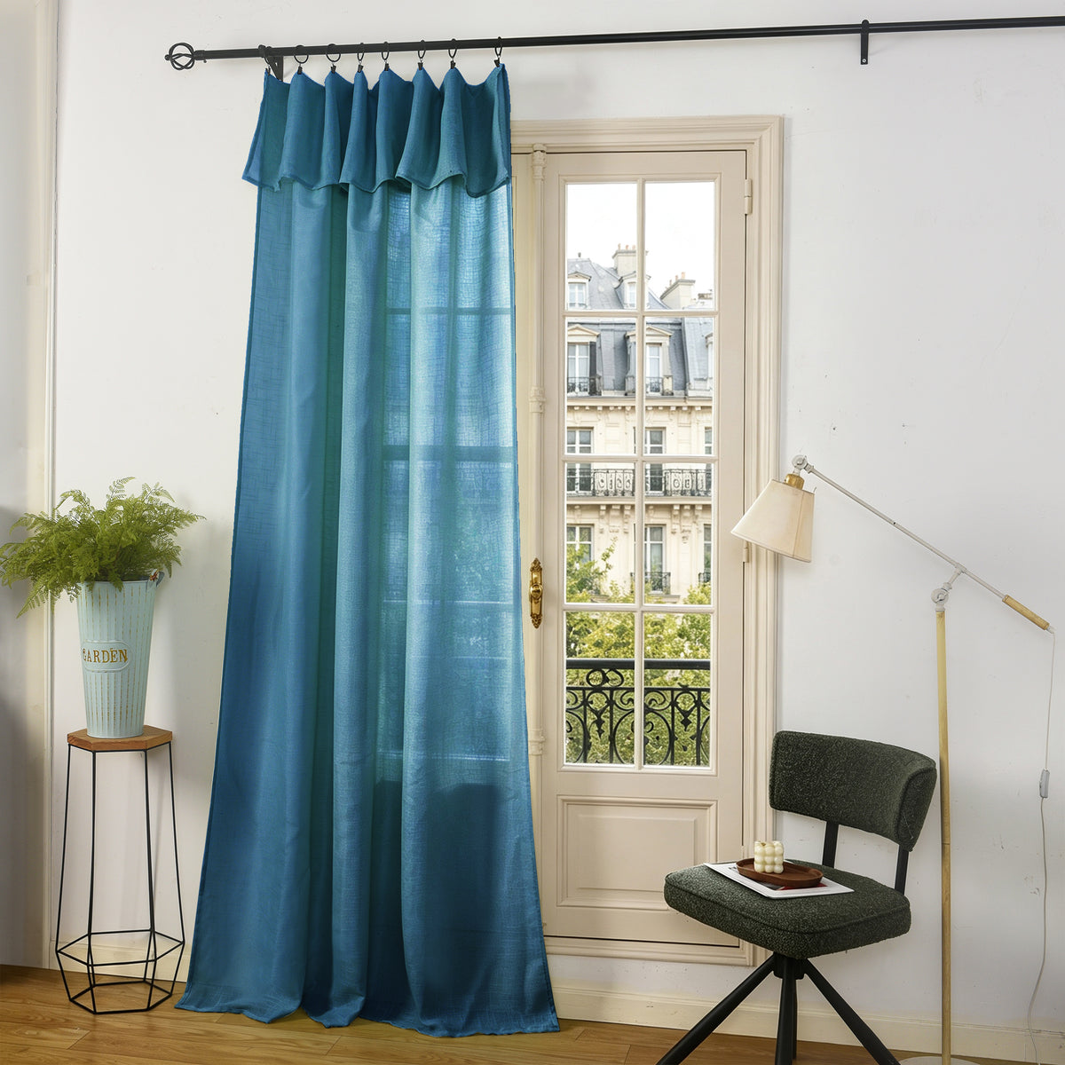 Rideau ajustable + 8 anneaux pince 140 x 270 cm Polyester effet lin" Evasion" Cyan