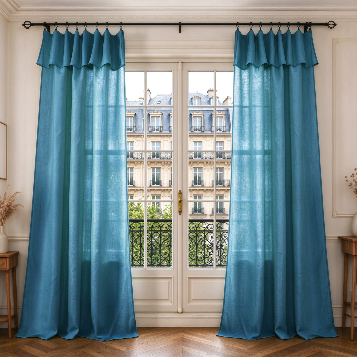 Rideau ajustable + 8 anneaux pince 140 x 270 cm Polyester effet lin" Evasion" Cyan