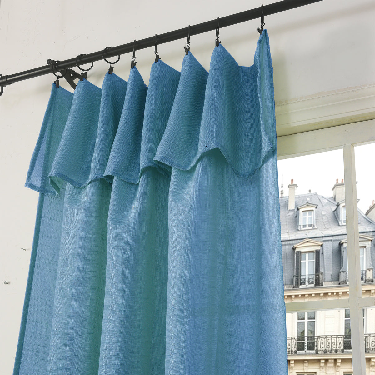 Rideau ajustable + 8 anneaux pince 140 x 270 cm Polyester effet lin" Evasion" Cyan