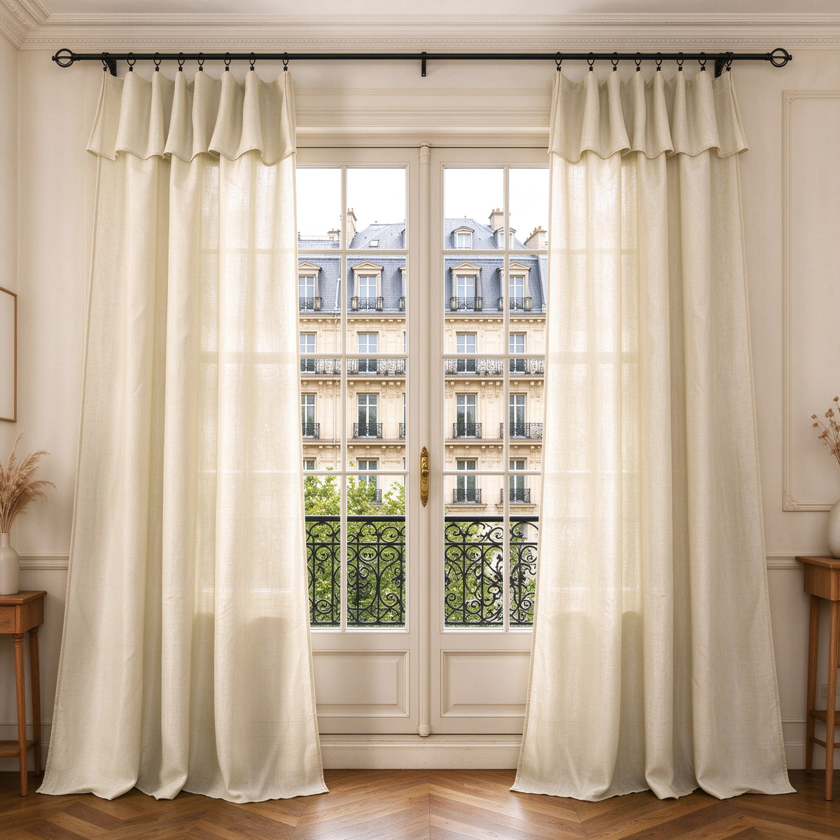 Rideau ajustable + 8 anneaux pince 140 x 270 cm Polyester effet lin" Evasion" Sable