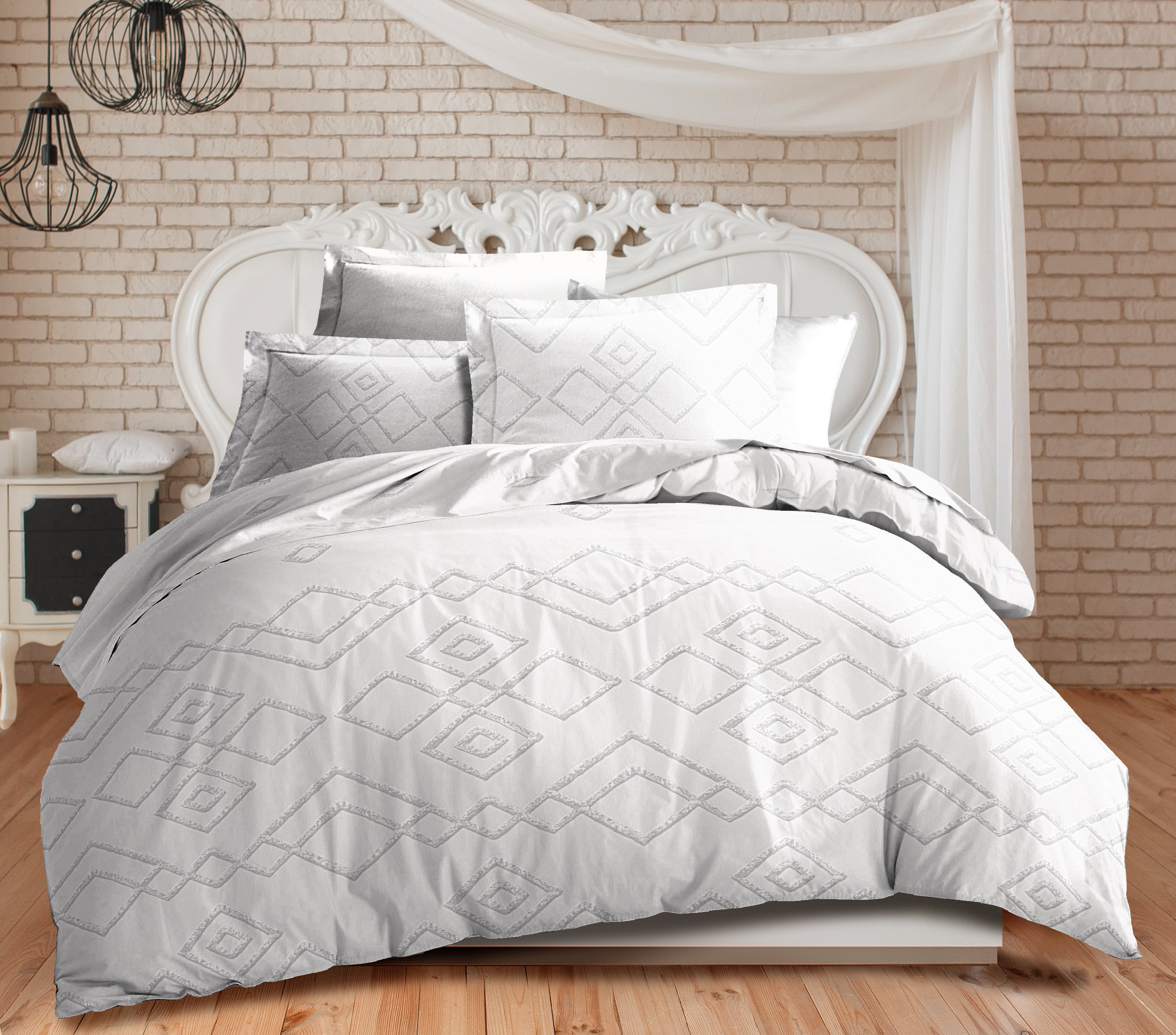 Parure de draps 4 pièces "Louna" drap housse 160 Losange Gris