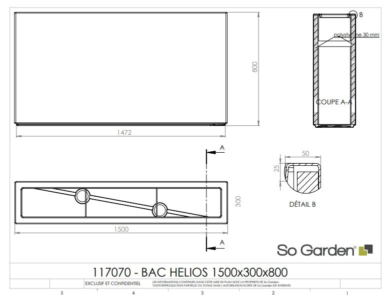 Jardinière haute Helios - 1500 x 300 x 800 mm - Gris anthracite