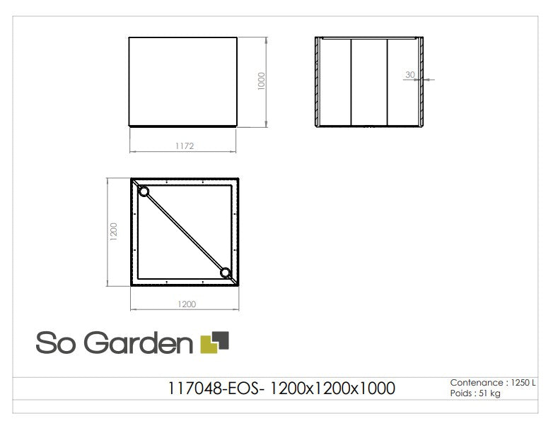 Jardinière carrée Eos - 1200 x 1200 x 1000 mm - Gris anthracite