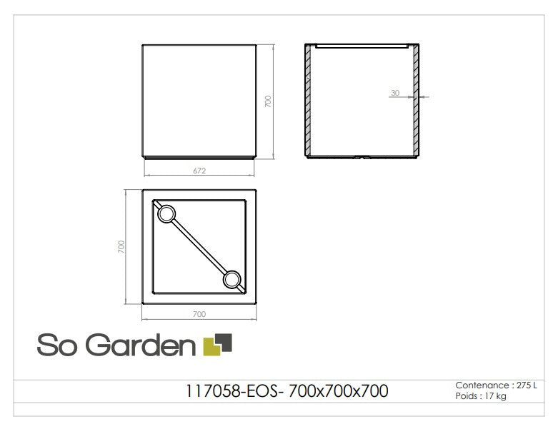 Jardinière carrée Eos - 700 x 700 x 700 mm - Gris anthracite