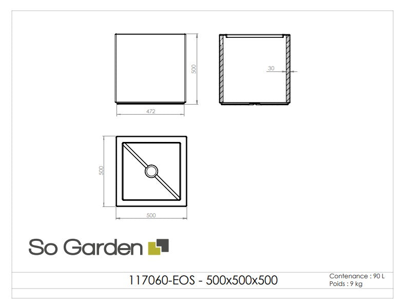Jardinière carrée Eos - 500 x 500 x 500 mm - Gris anthracite