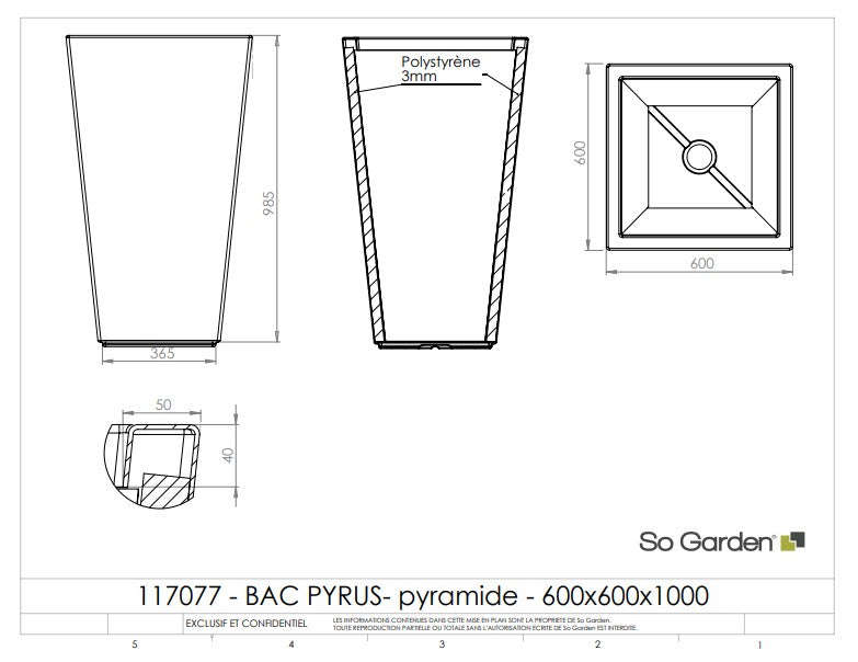 Jardinière pyramidale Ares - 600 x 600 x 1000 mm - Gris anthracite