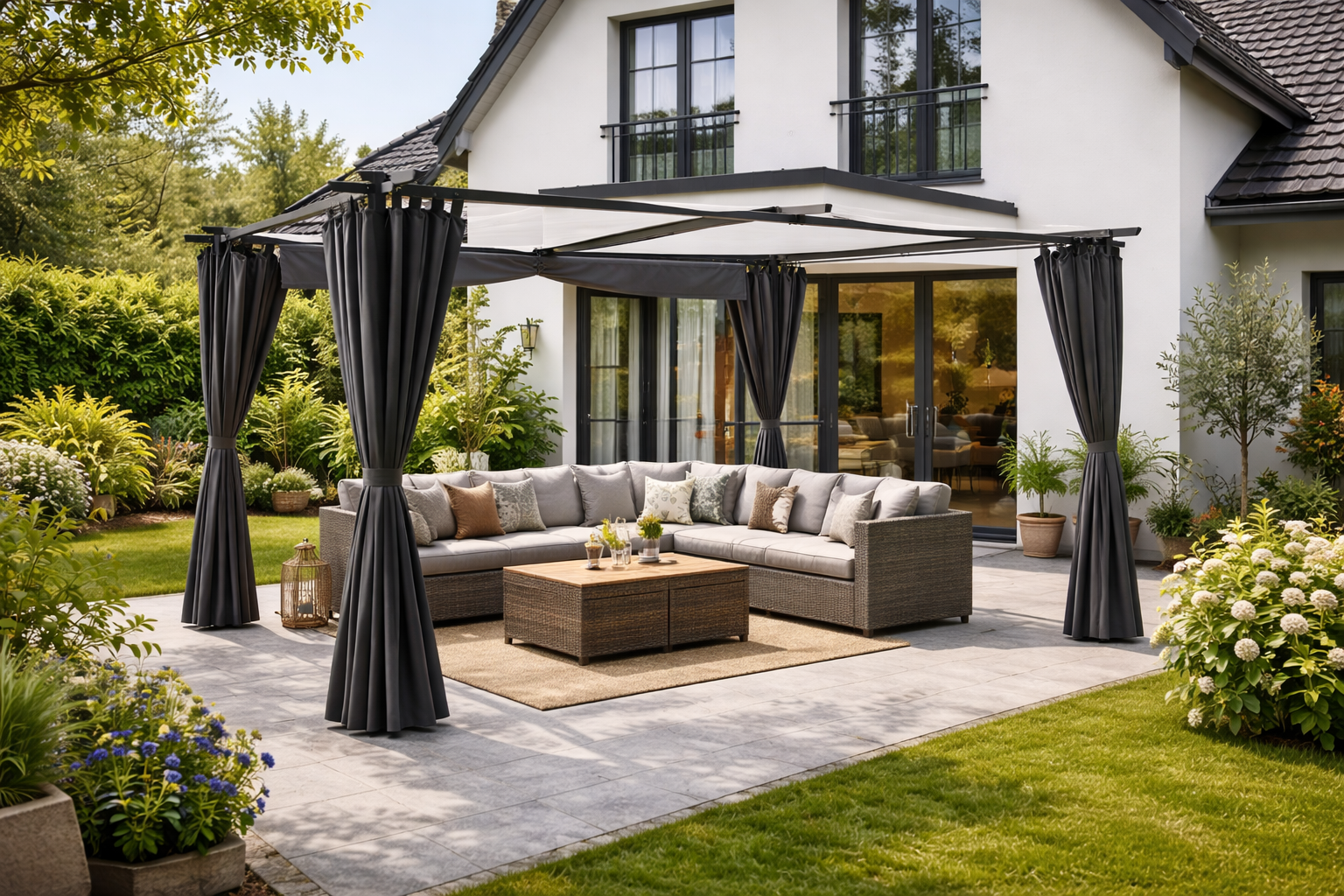 Pergola Marina 3x4m toit rétractable + 4 rideaux