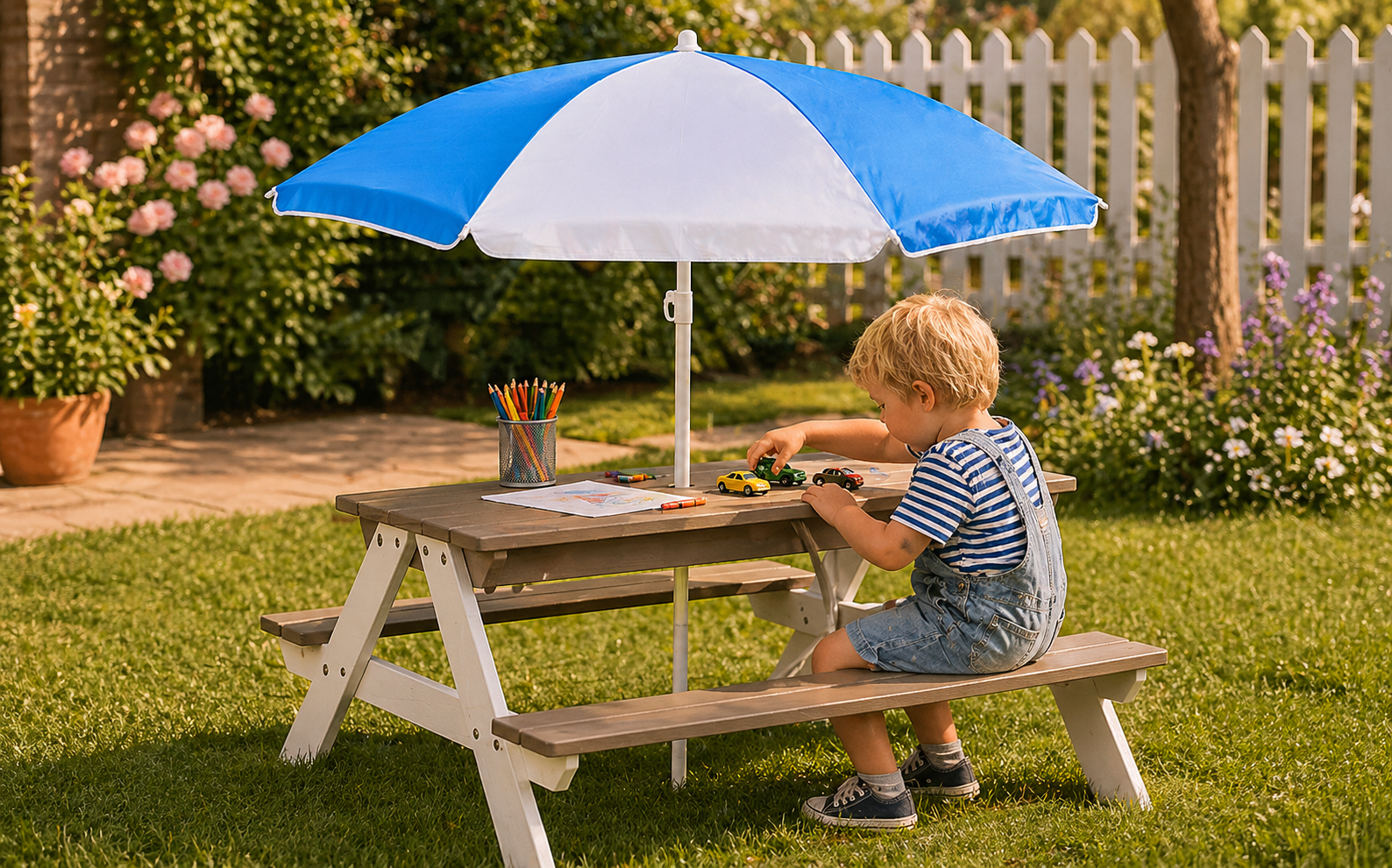 Table de pique-nique en bois avec parasol - Waterfun