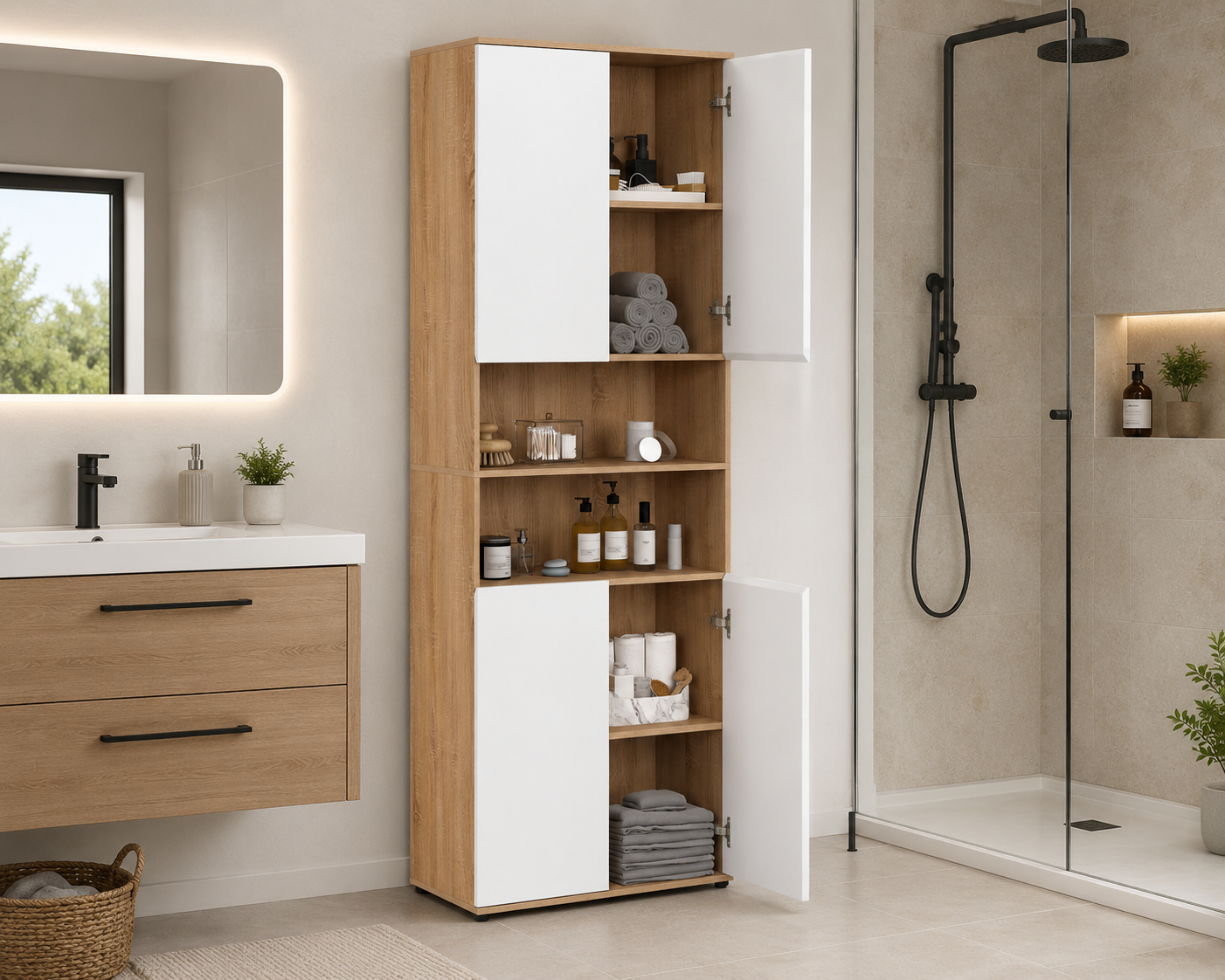 Armoire salle de bain Tom effet hêtre 4 portes blanches