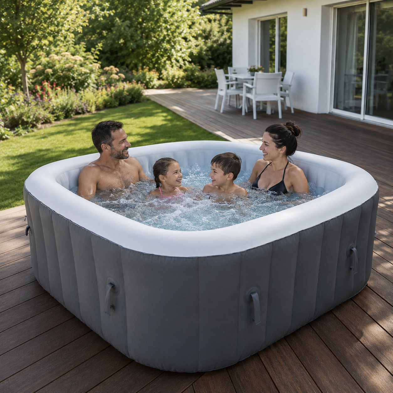 Spa gonflable 4 places carré - Bandeau LED inclus - Dimensions : 155 x 155 cm
