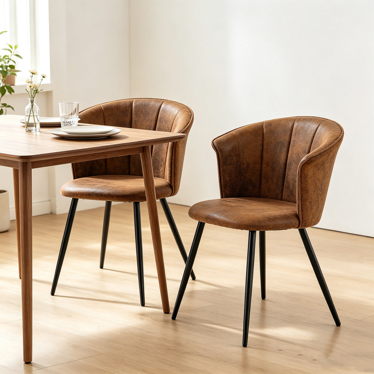 Doncic - Ensemble de 2 fauteuils de salle à manger industriels avec accoudoirs en suédine brune