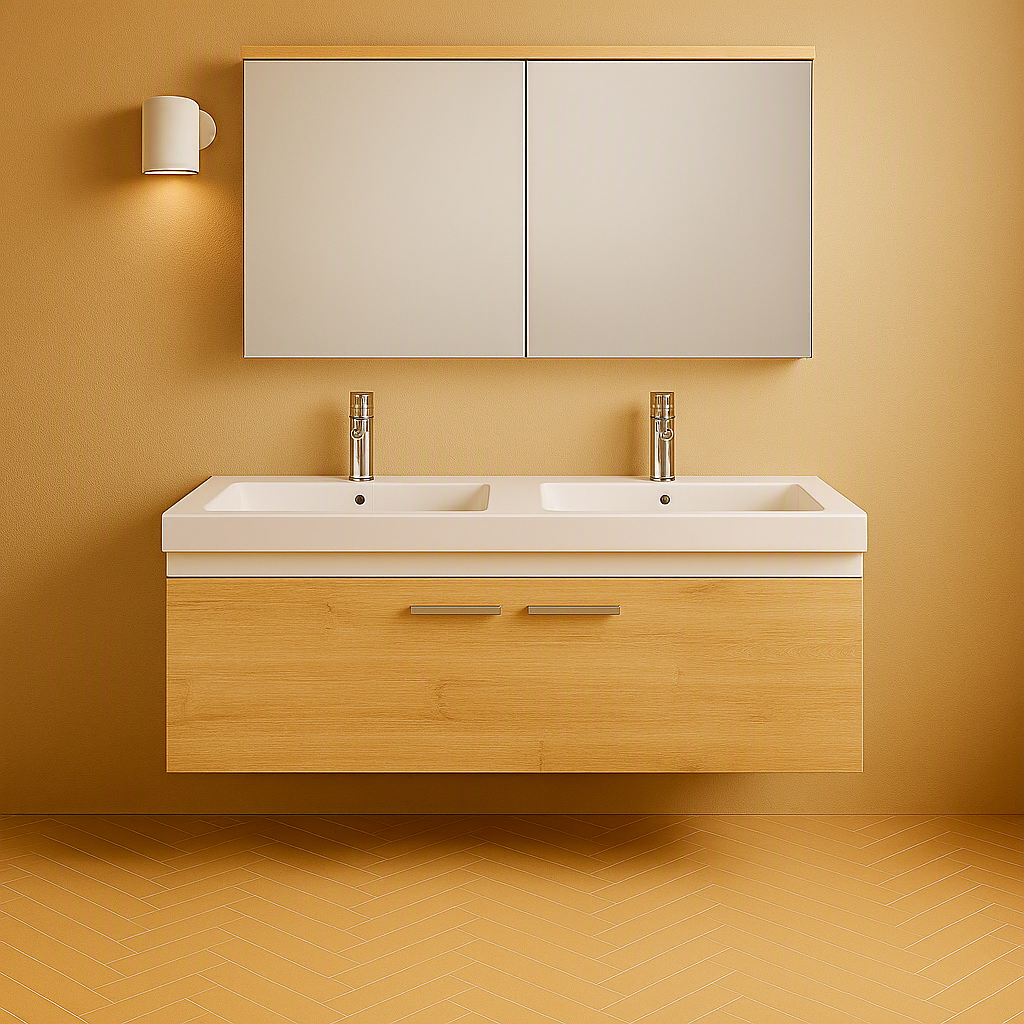 Meuble double vasque Rubite 1 tiroir 120 cm + miroir armoire