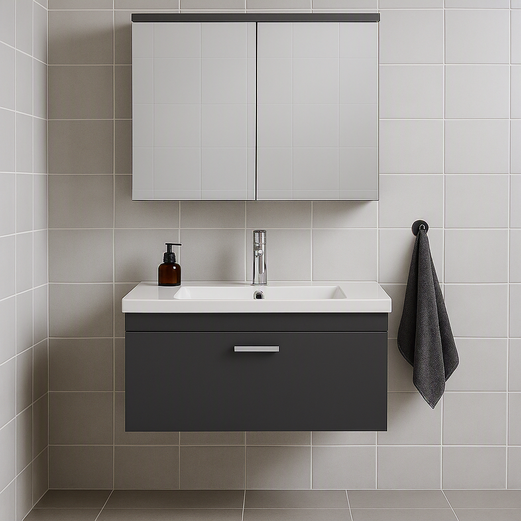 Meuble simple vasque Rubite 1 tiroir 80 cm + miroir armoire