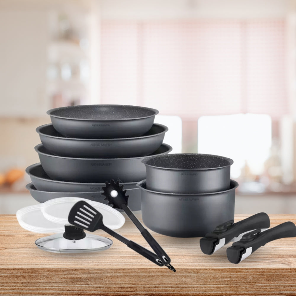 Batterie de Cuisine 15 Pièces Arthur Martin Poêles et Casseroles Gris Mat en Aluminium avec Accessoires