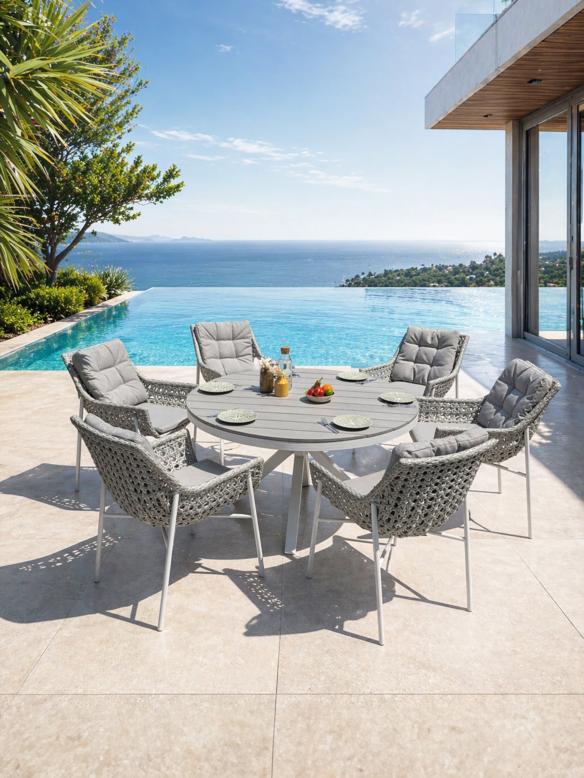 Ensemble repas de jardin Elba 6 places - Blanc Ø142 cm