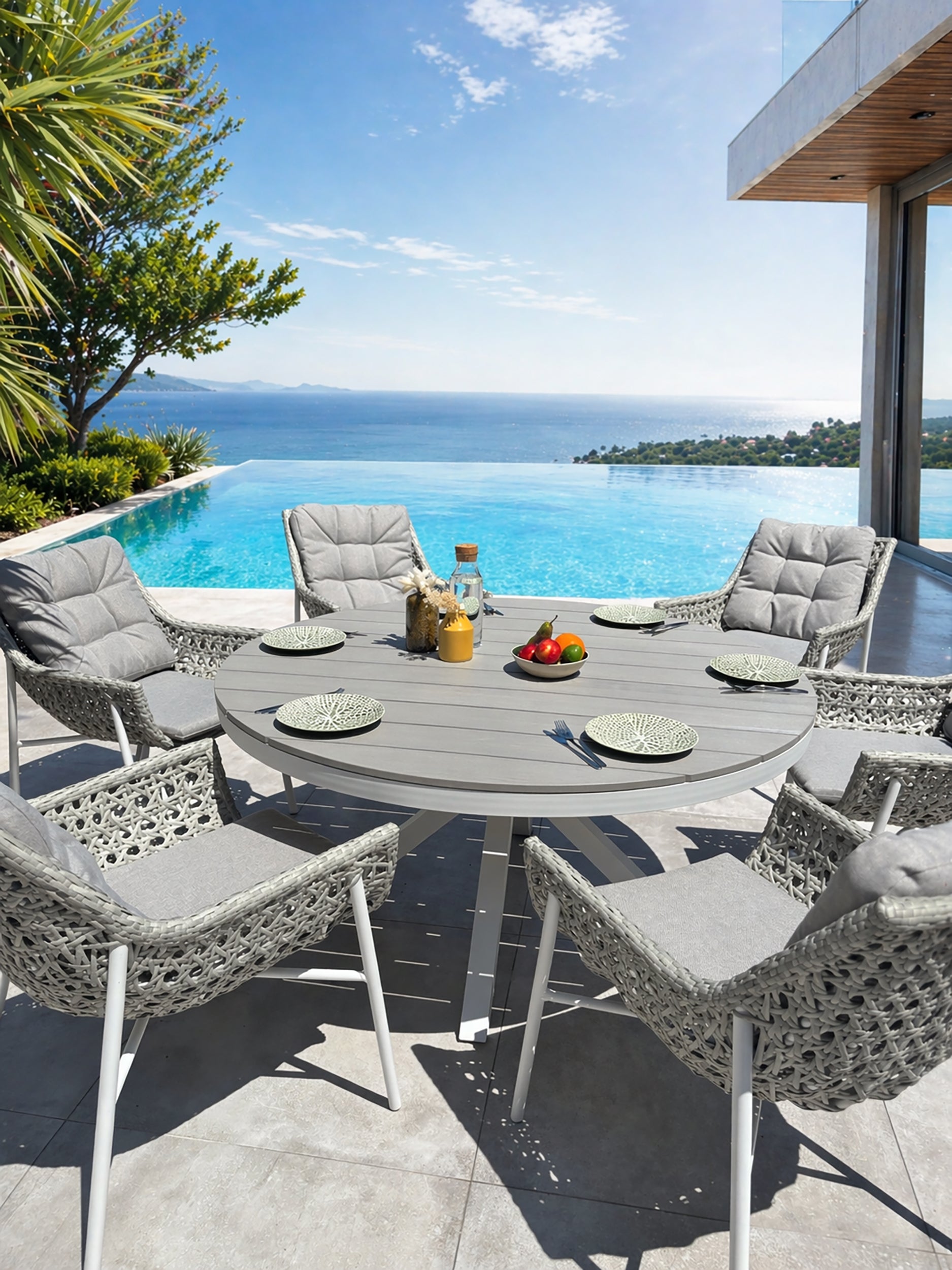 Ensemble repas de jardin Elba 6 places - Blanc Ø142 cm