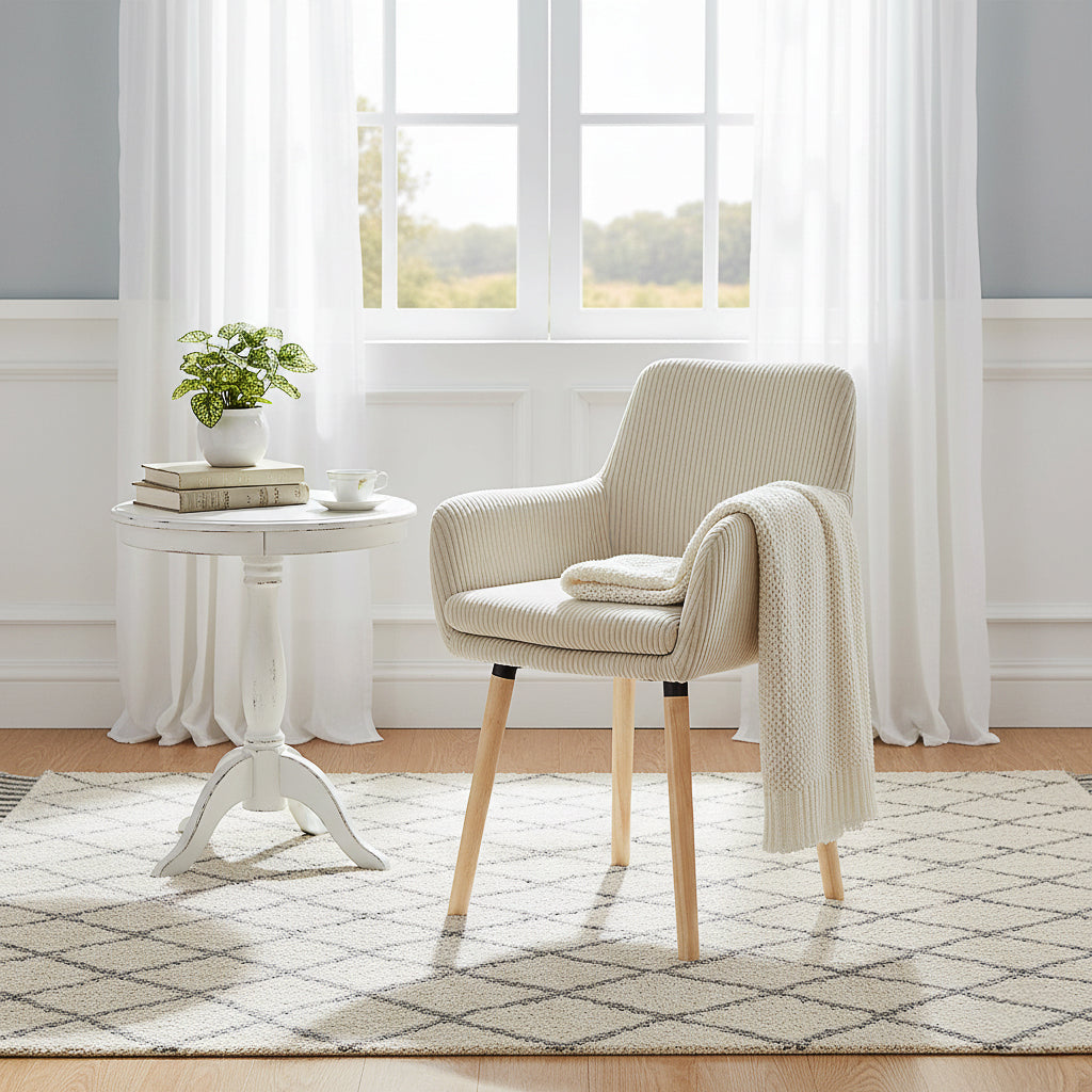 Elia - Ensemble de 2 chaises de salle à manger scandinaves en velours côtelé beige avec accoudoirs et pieds en bois