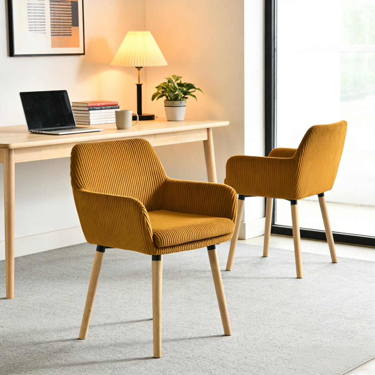 Elia - Ensemble de 2 chaises de salle à manger scandinaves en velours côtelé jaune avec accoudoirs et pieds en bois
