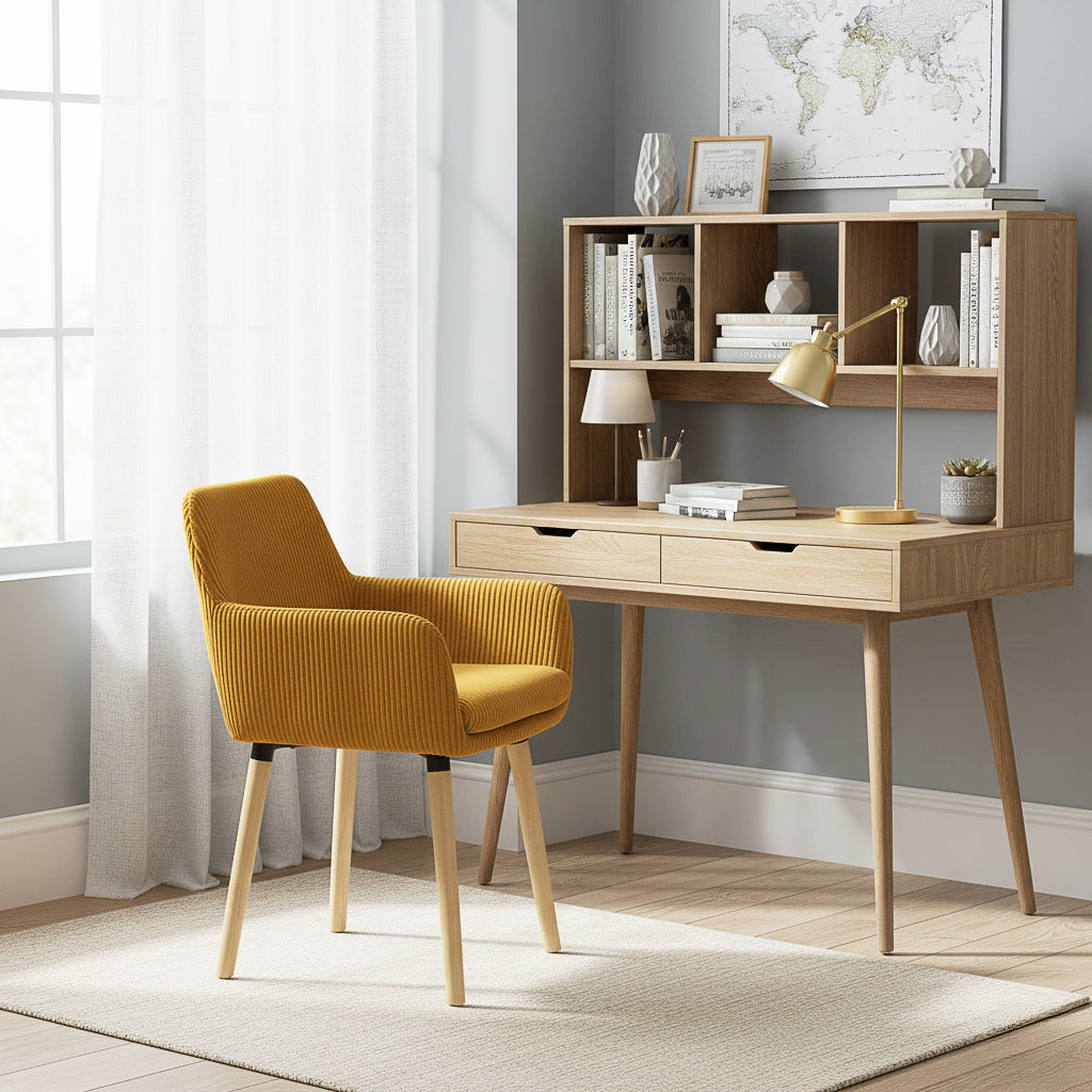 Elia - Ensemble de 2 chaises de salle à manger scandinaves en velours côtelé jaune avec accoudoirs et pieds en bois