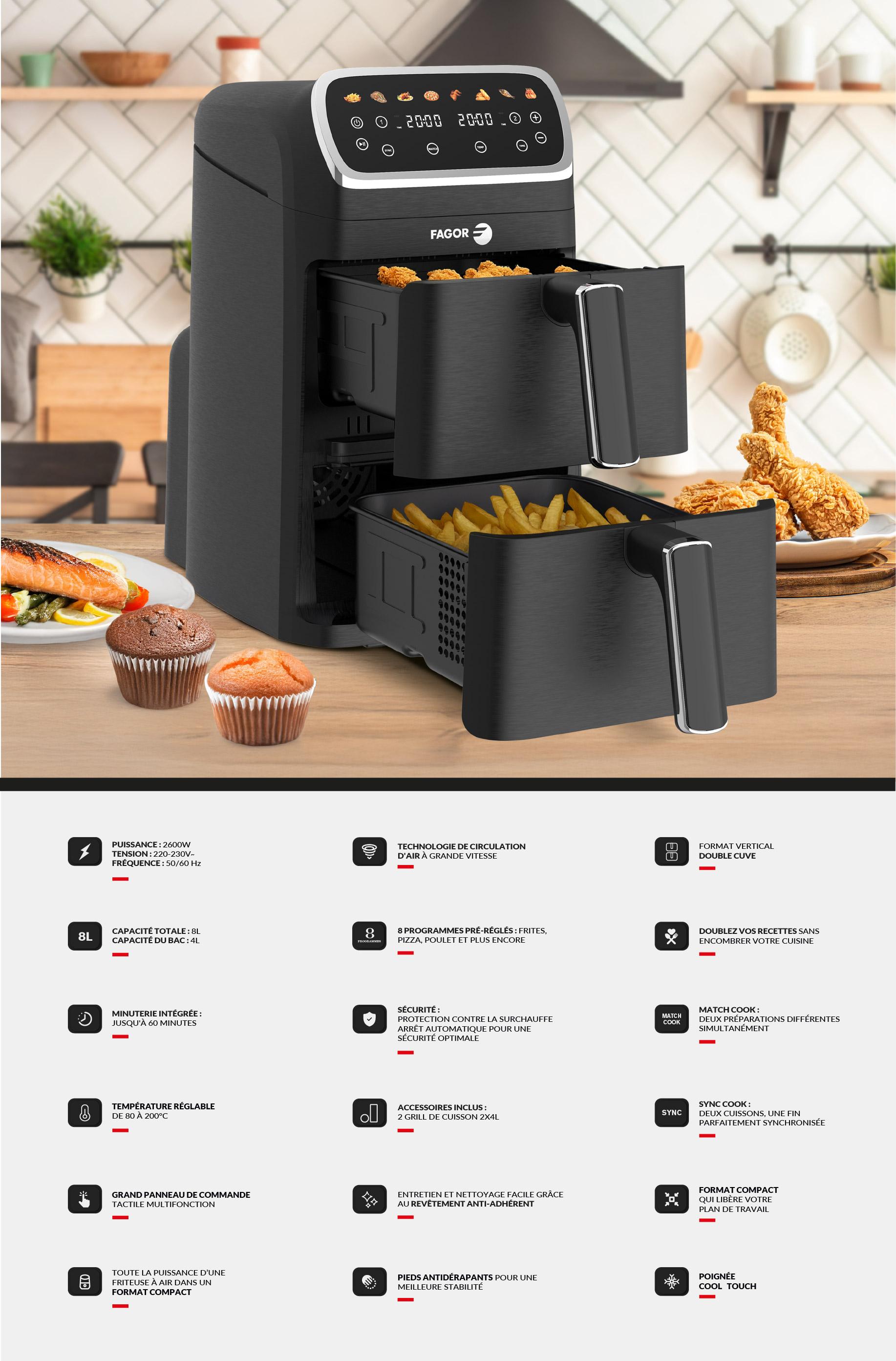 Friteuse à air chaud Air fryer double panier 8L 2600W Noir