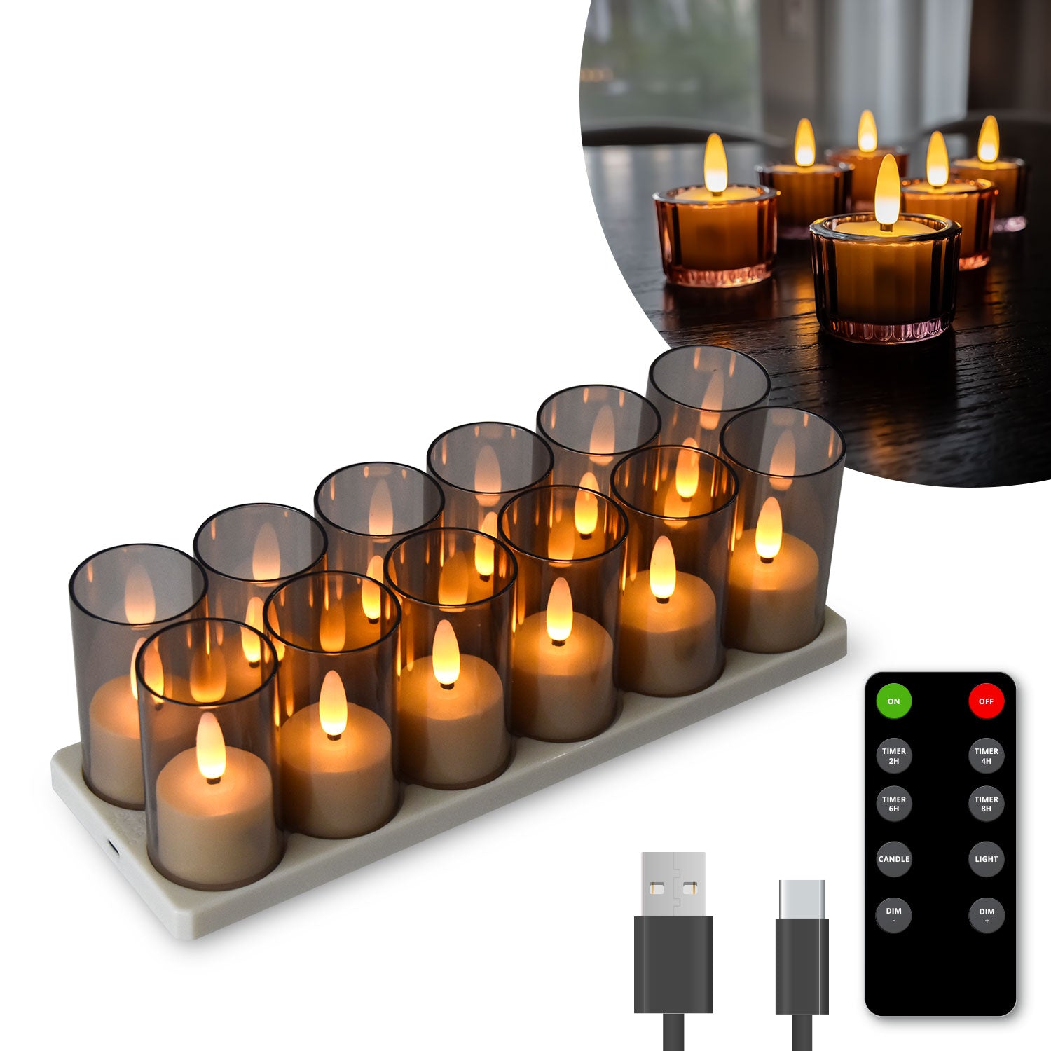 FlinQ - 12 Bougies chauffe-plat chauffe-plat rechargeables - Bougies LED avec flamme mobile - Télécommande incluse