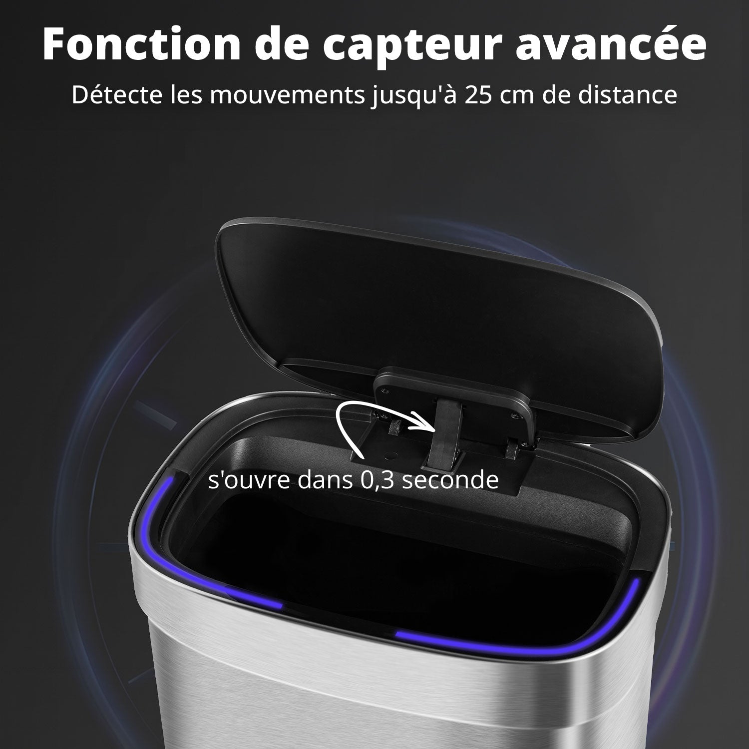 Poubelle Mira avec couvercle à fermeture douce et voyant d'état LED 50 litres Argent