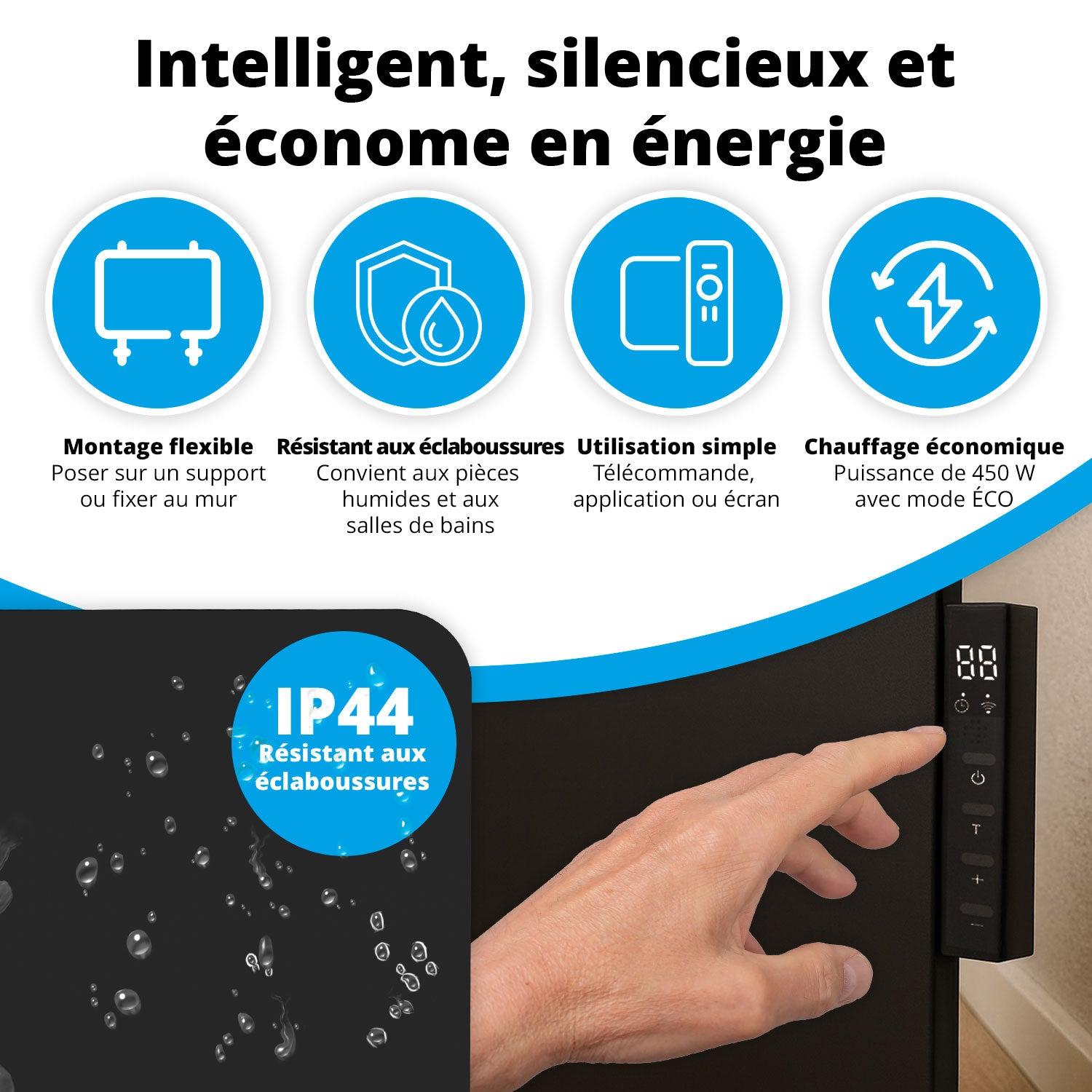 Chauffage infrarouge intelligent FlinQ - Panneau chauffant électrique 450 W - Noir