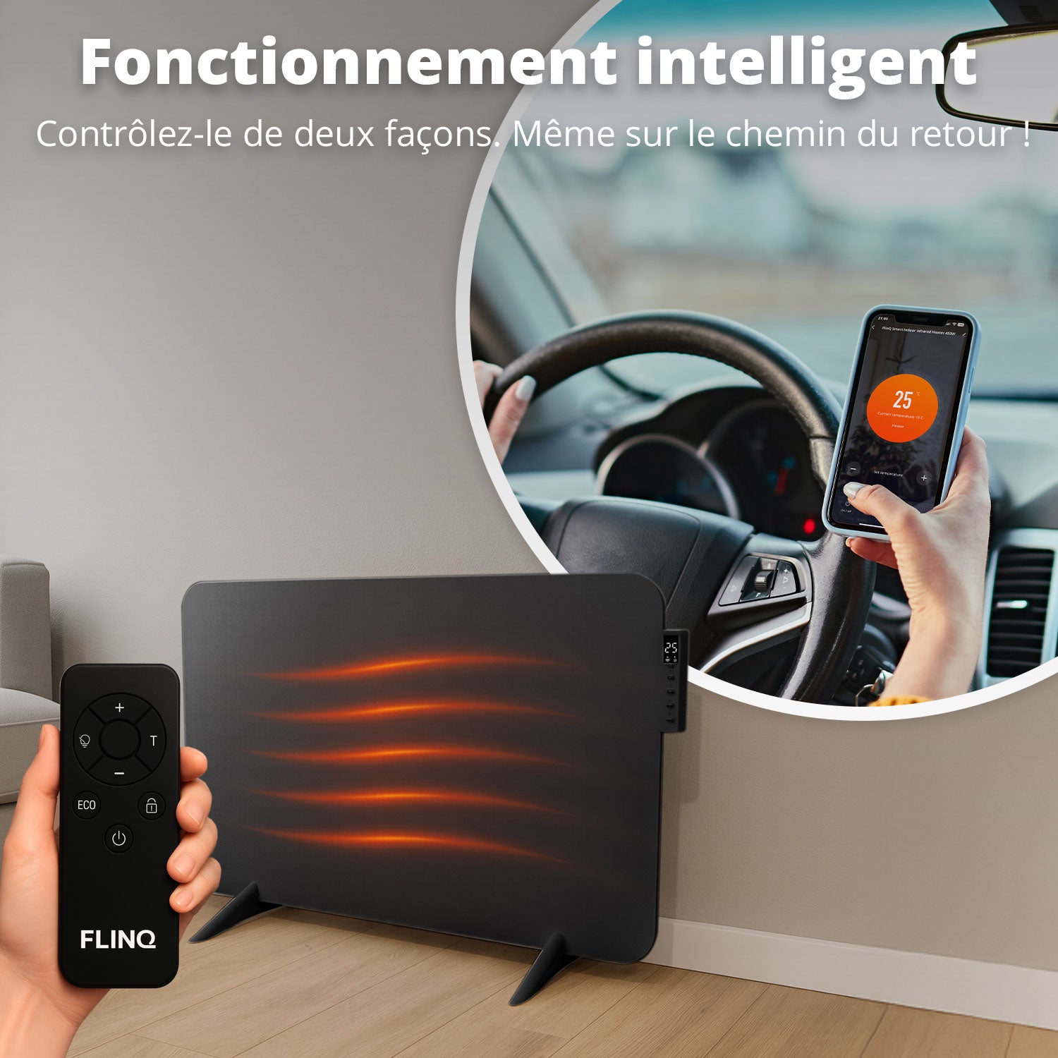 Chauffage infrarouge intelligent FlinQ - Panneau chauffant électrique 450 W - Noir