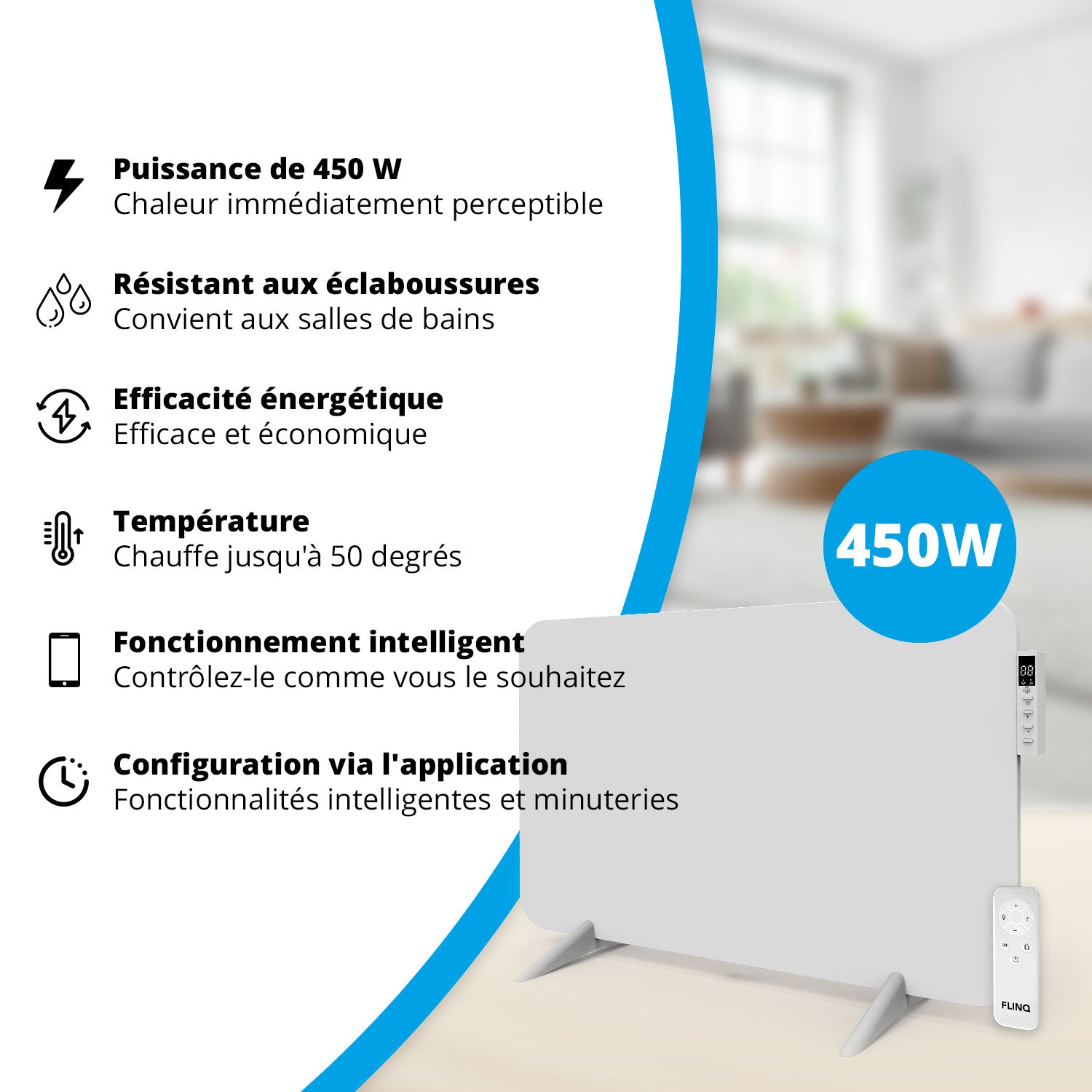 Chauffage infrarouge intelligent FlinQ - Panneau chauffant électrique 450 W - Blanc