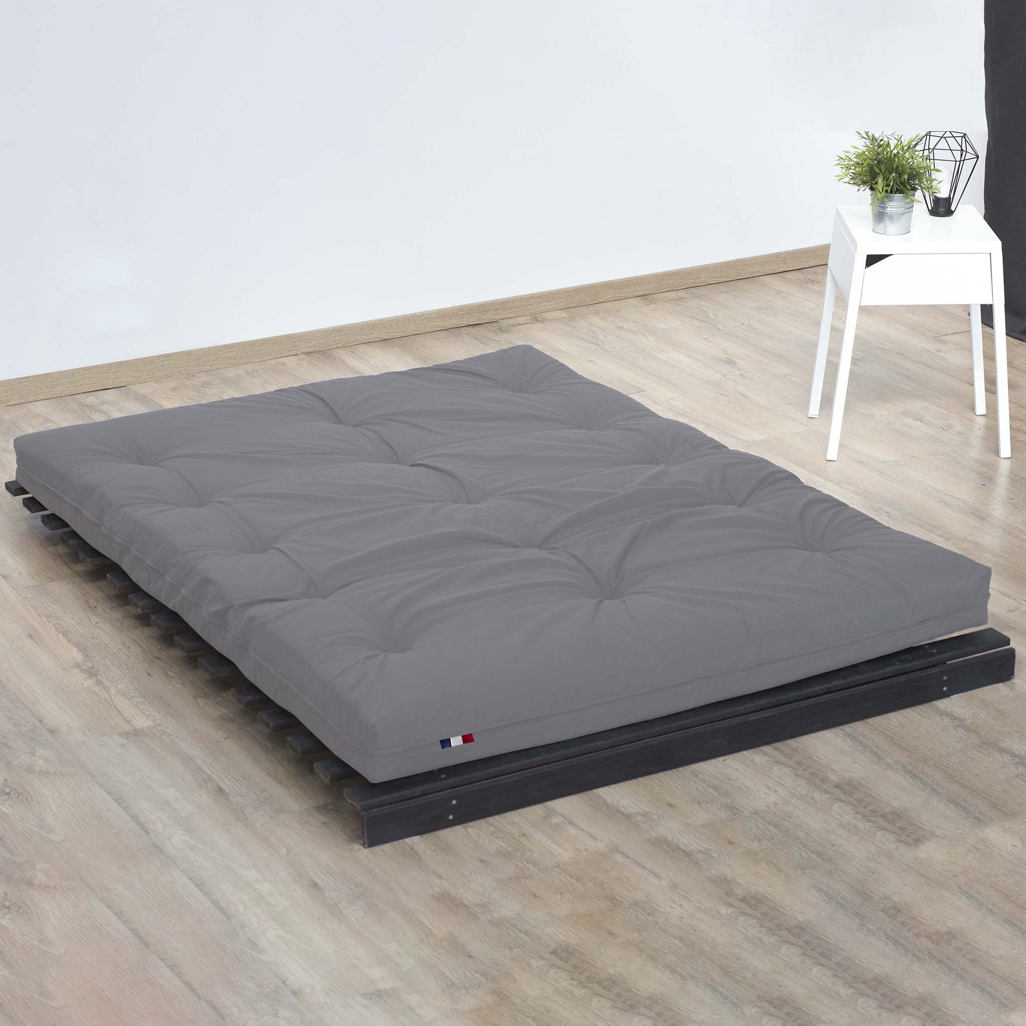 Matelas futon coton et fibres recyclés, fabriqué en France Couleur - Gris Clair, Dimensions - 140 x 190 cm
