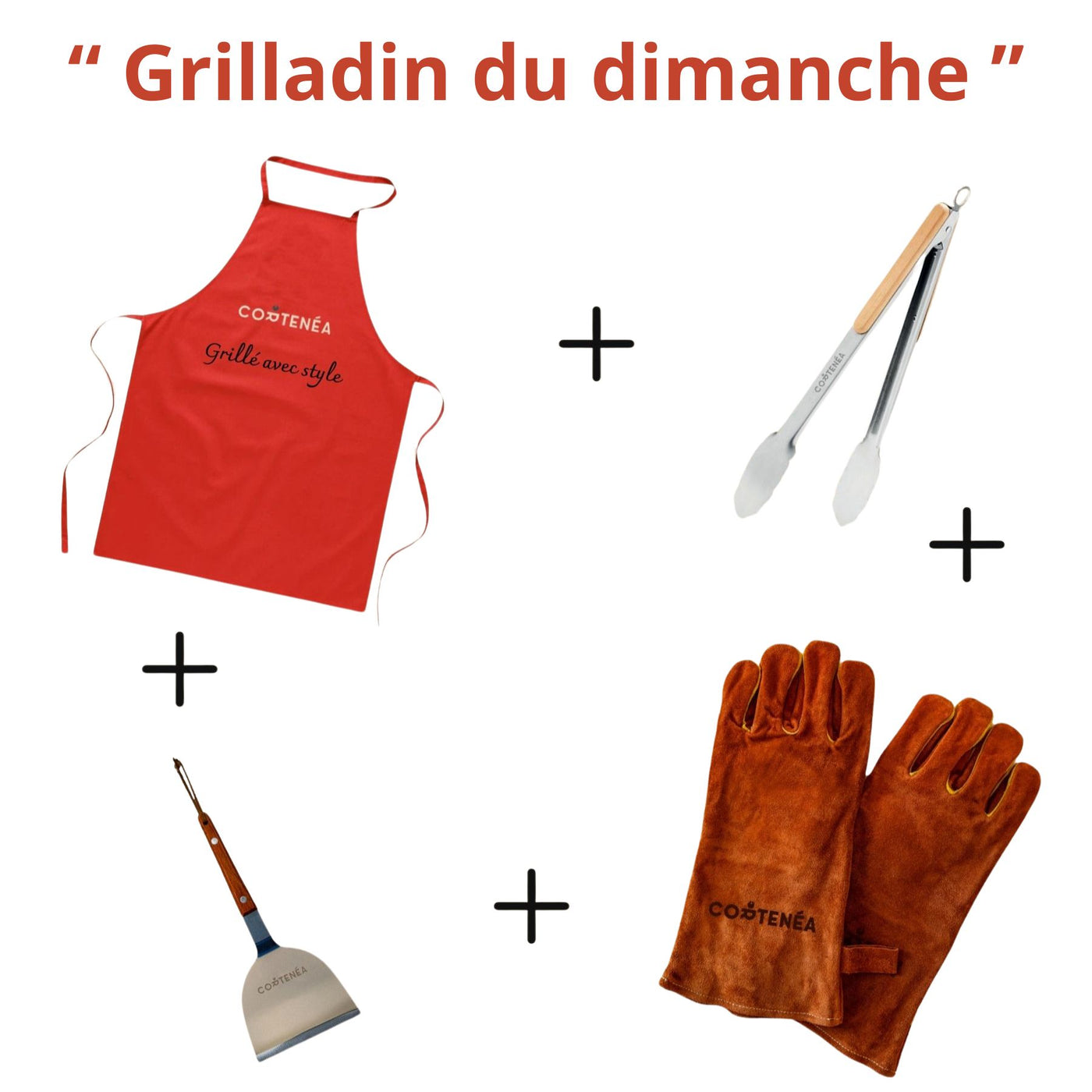 kit "grilladin du dimanche" - un tablier, une pince, une spatule et une paire de gants