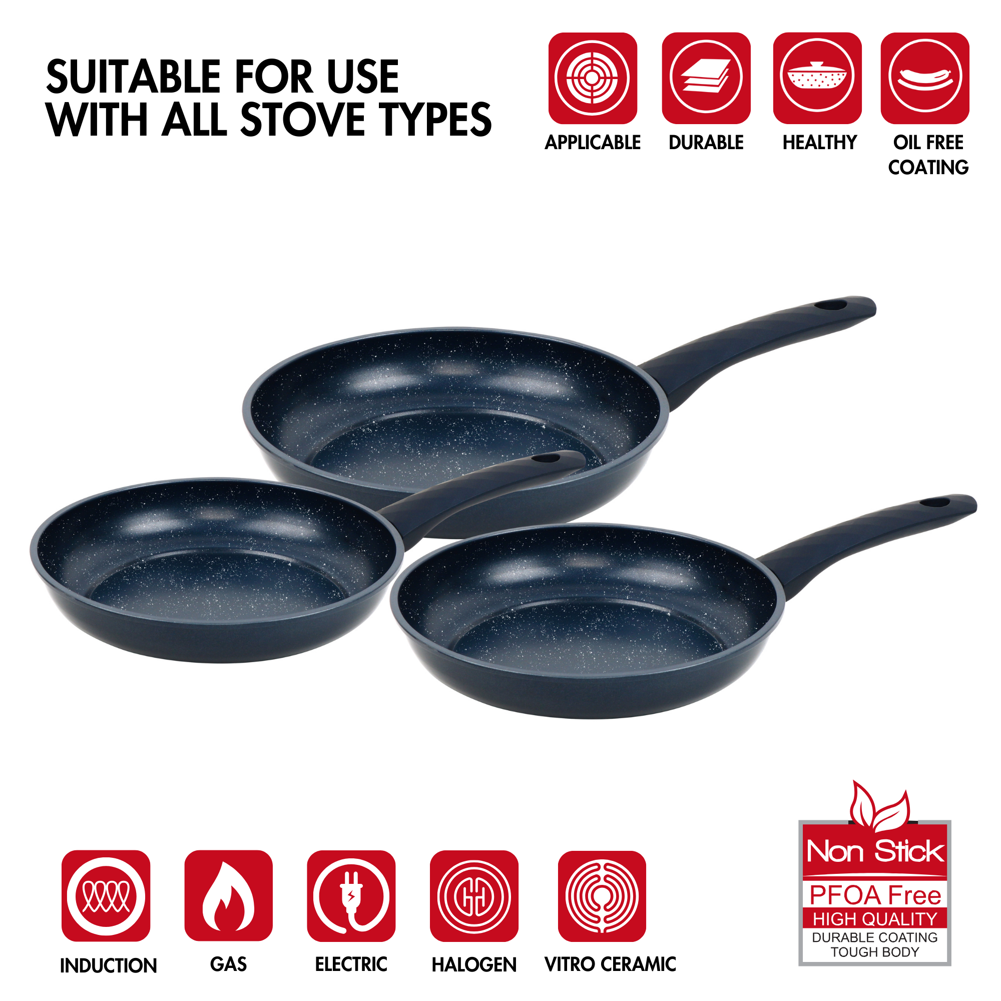 Ensemble de poêles à frire frogées revêtement en marbre Bleu 3 pièces tous feux