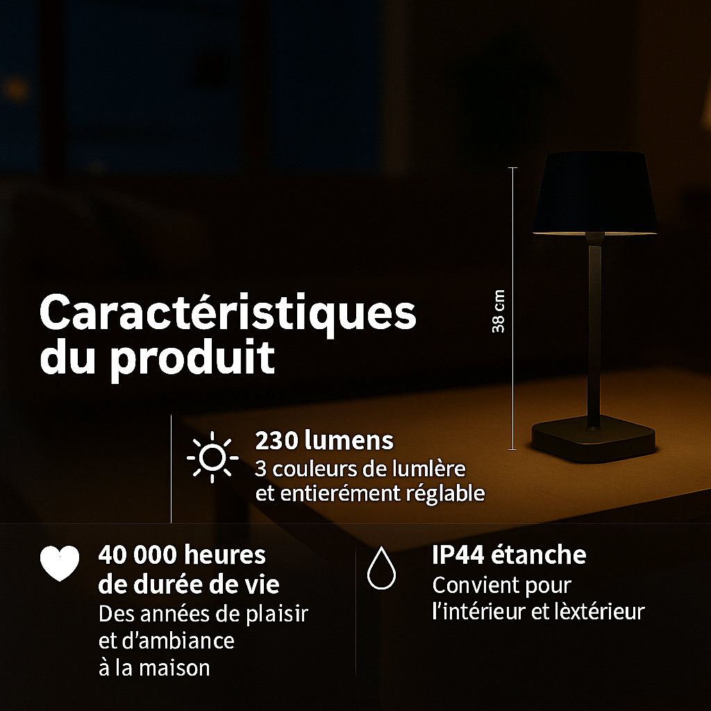 FlinQ - Lampe de table - Rechargeable - Intensité variable avec mode mémoire - 3 niveaux d'éclairage - 38 cm - Noire