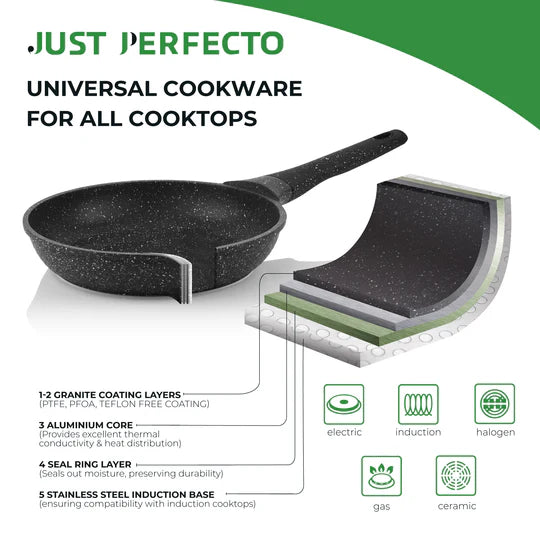 Batterie de Cuisine 15 pièces avec cuisseur à vapeur Antiadhésives en Granit noir - Tous feux dont induction