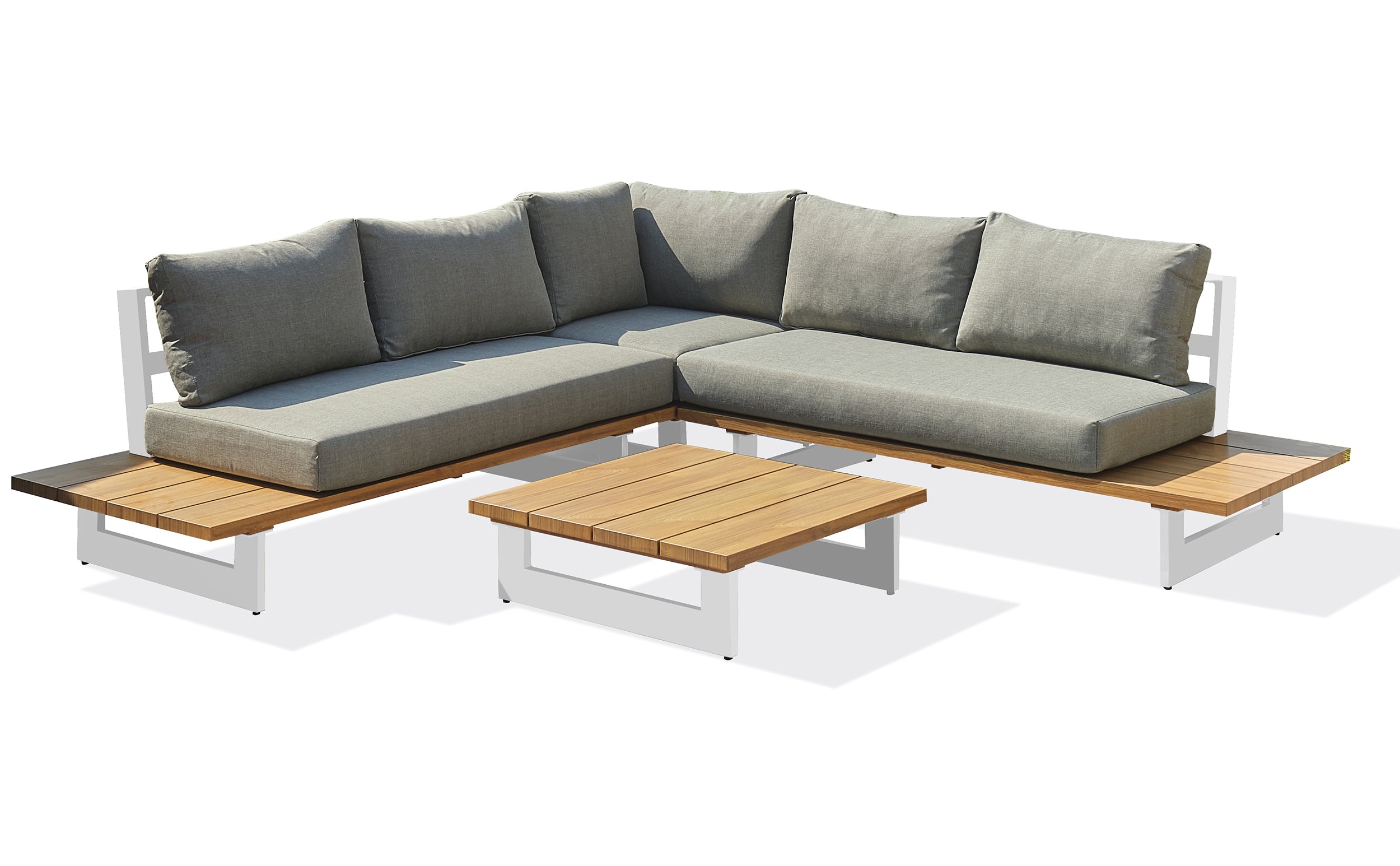 Salon de jardin LAVEZZI 5 places en aluminium et plateau imitation bois - BLANC