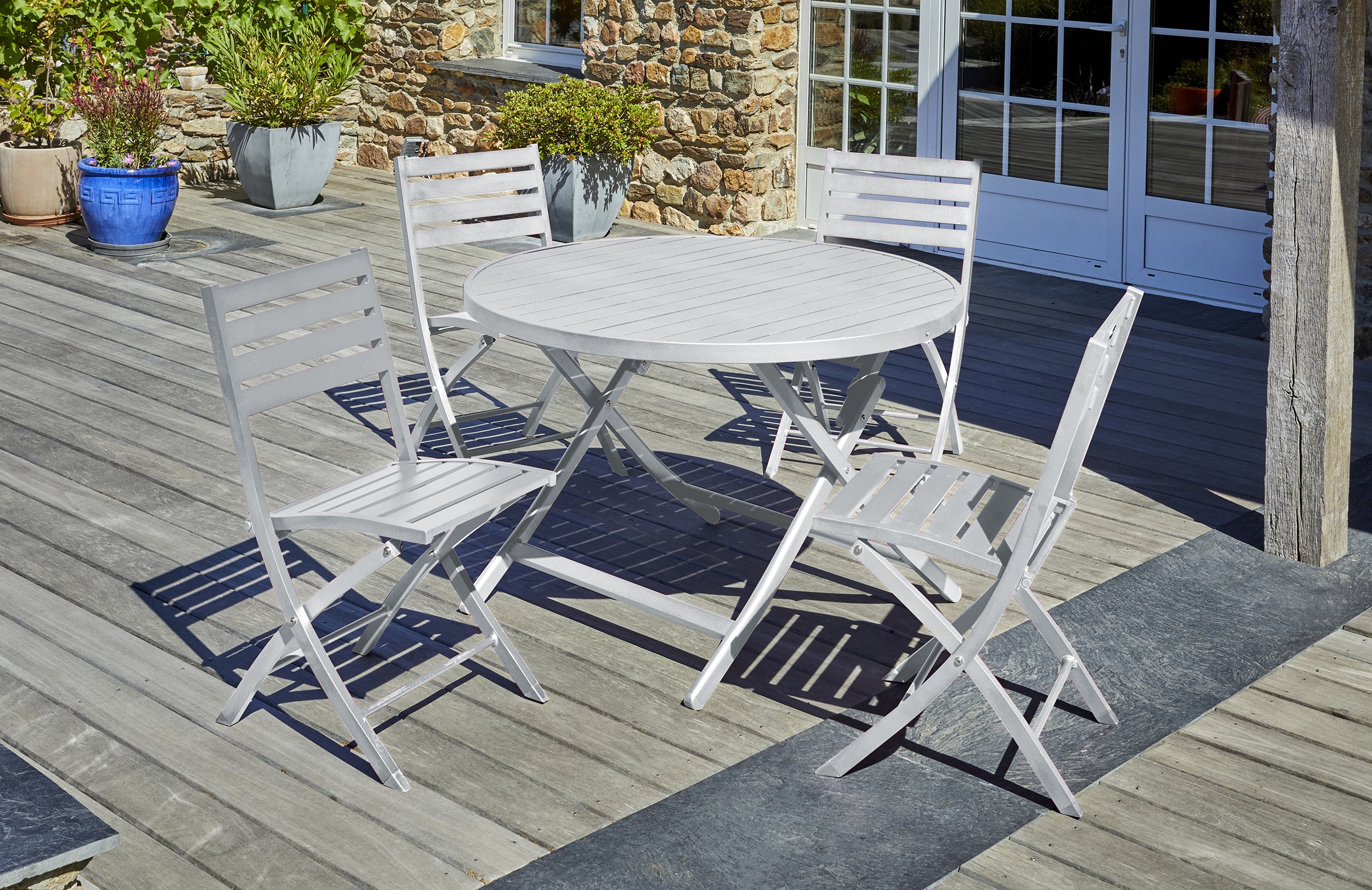 Table de jardin MARIUS-TB110-GRIS pliante et 4 chaises MARIUS-CP-GRIS pliantes