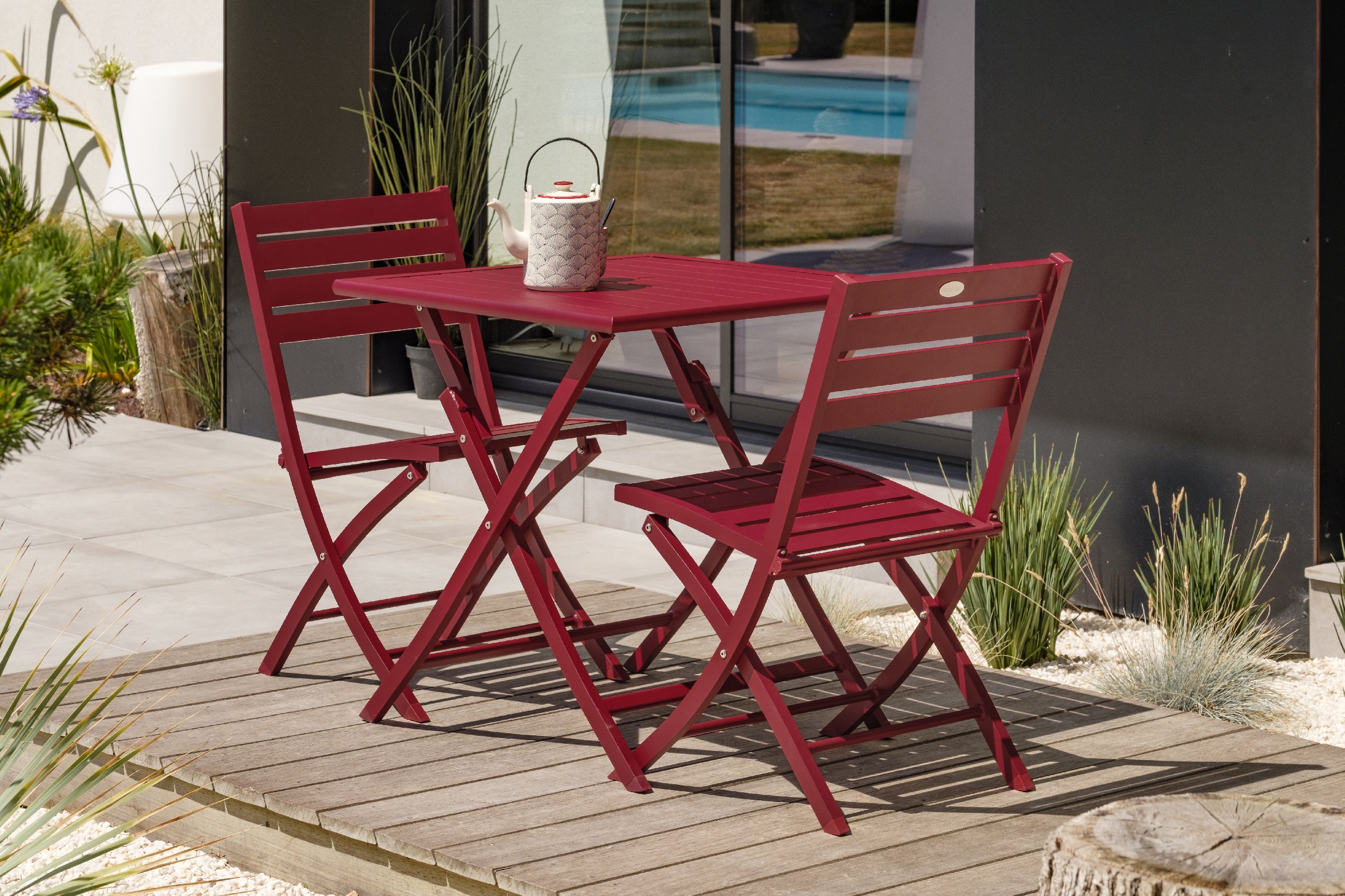 Table de jardin MARIUS-TB70-CARMIN pliante et 2 chaises MARIUS-CP-CARMIN pliantes