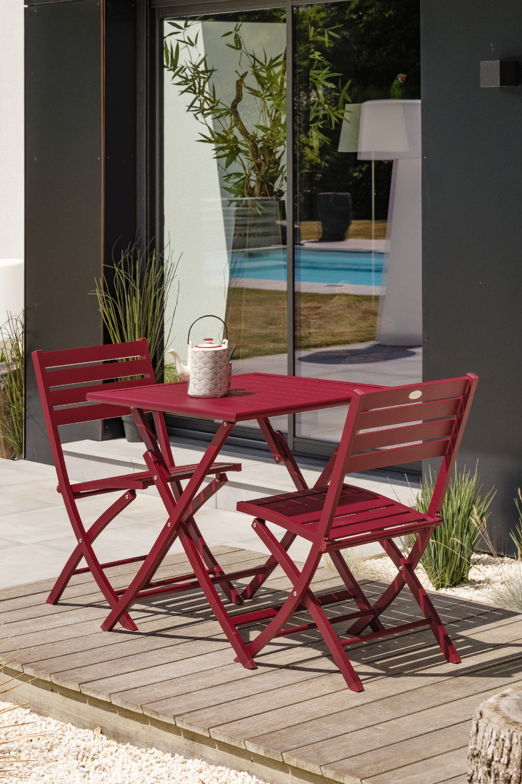Table de jardin MARIUS-TB70-CARMIN pliante et 2 chaises MARIUS-CP-CARMIN pliantes
