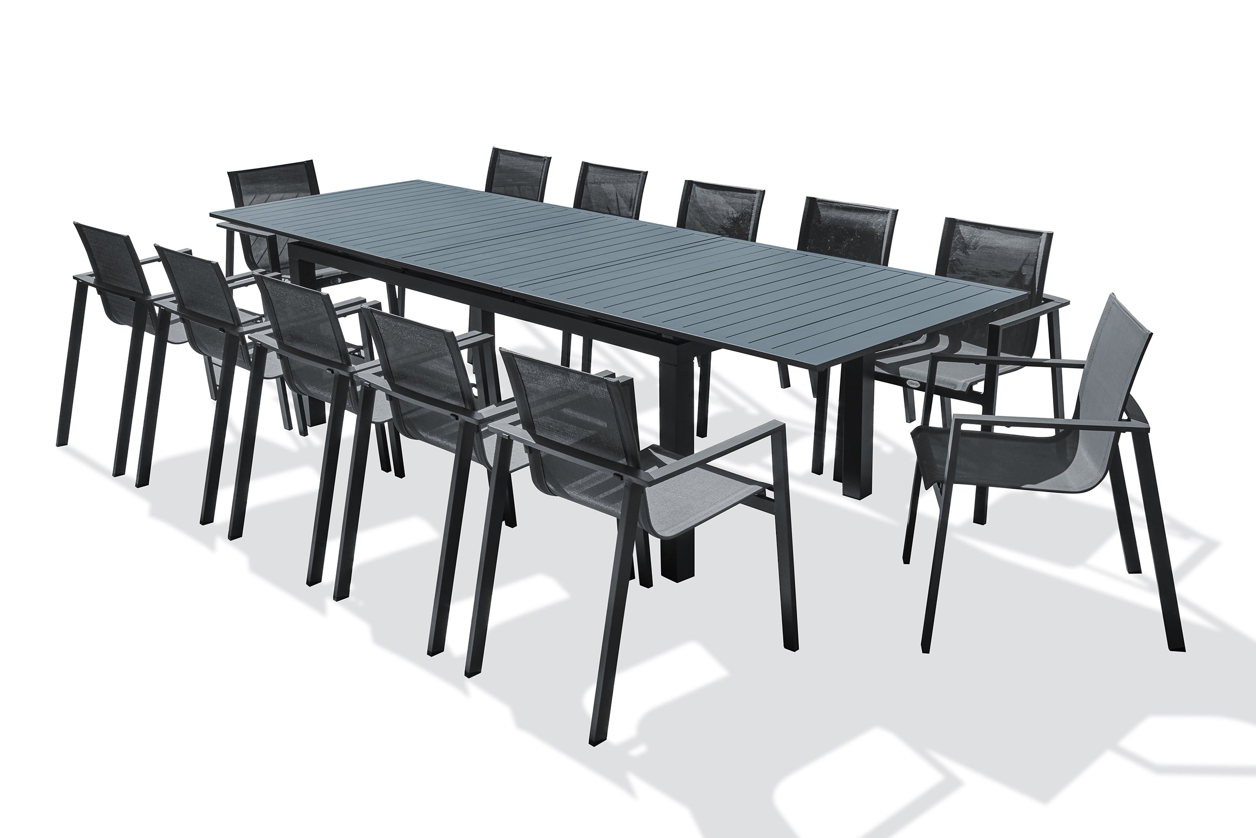Table de jardin MIAMI-TB300 avec rallonge et 12 fauteuils ALU-MIAMI-FT empilables