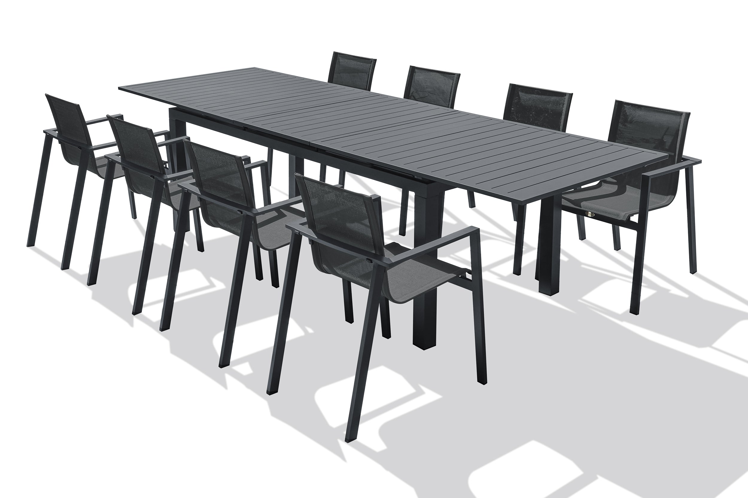 Table de jardin MIAMI-TB300 avec rallonge et 8 fauteuils ALU-MIAMI-FT empilables