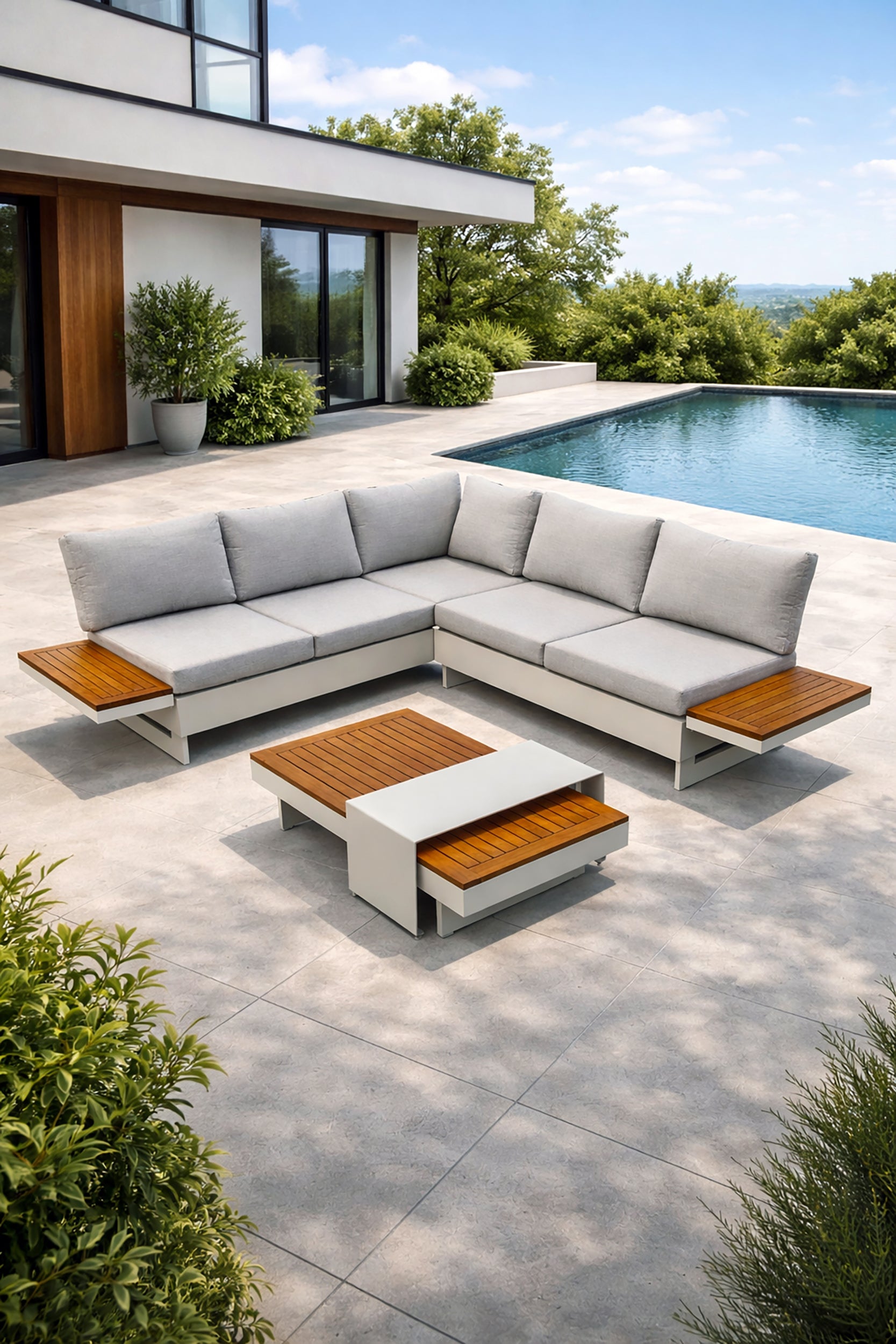 Salon de jardin d'angle Minera aluminium et acacia - Gris